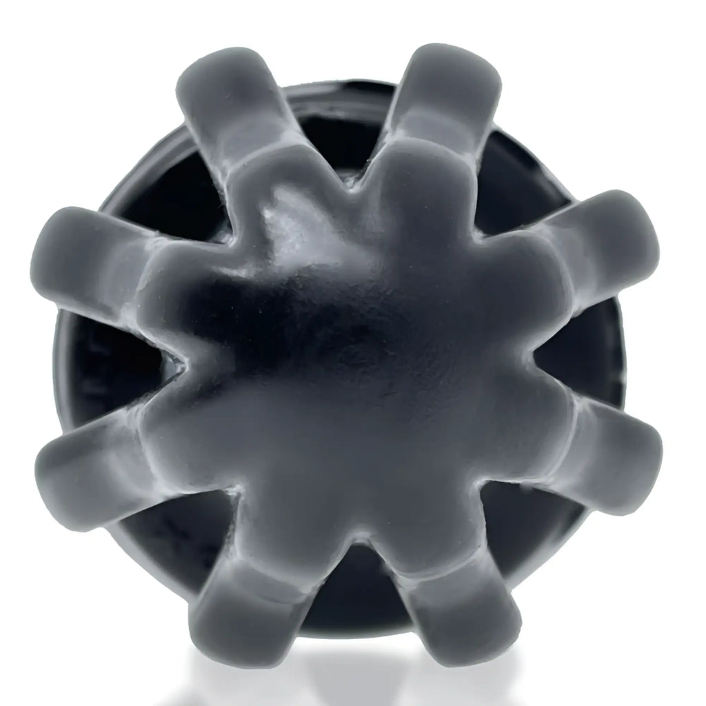 Black glossy plastic knob with eight rounded spokes from oksballs airhole-2 finned buttplug black m back side