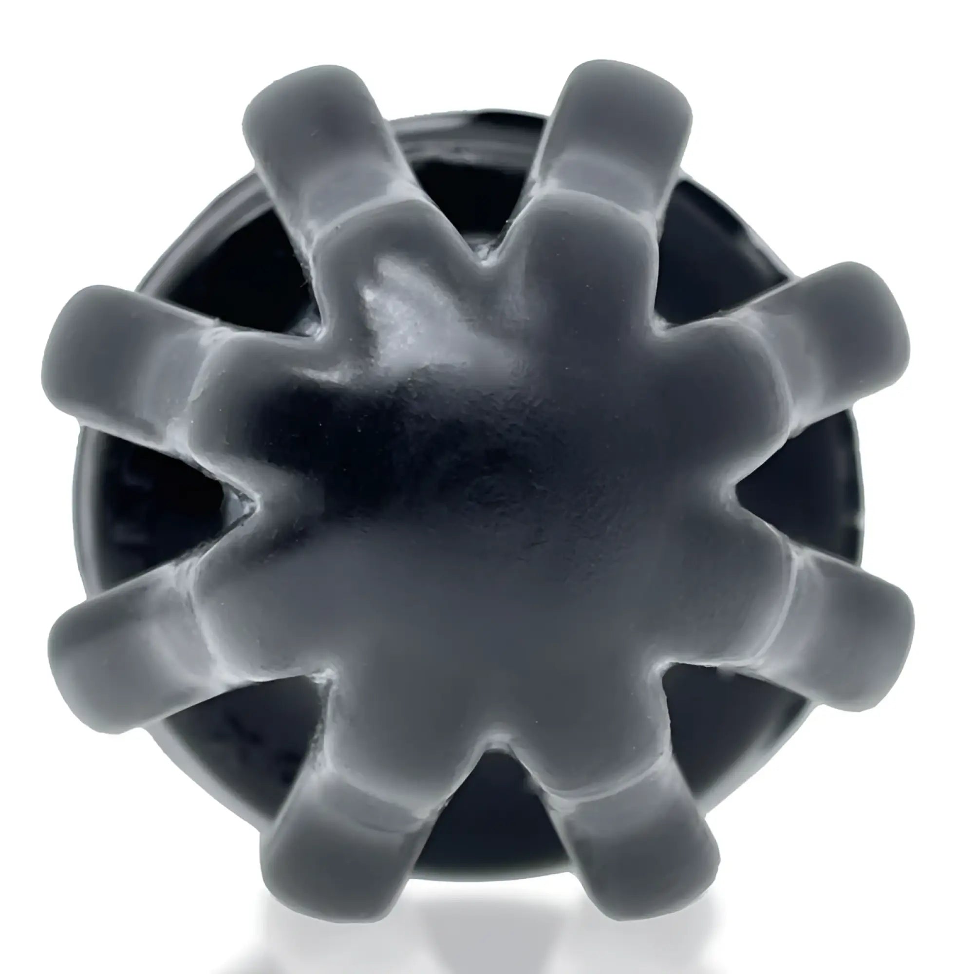 Black glossy plastic knob with eight rounded spokes from oksballs airhole-2 finned buttplug black m back side