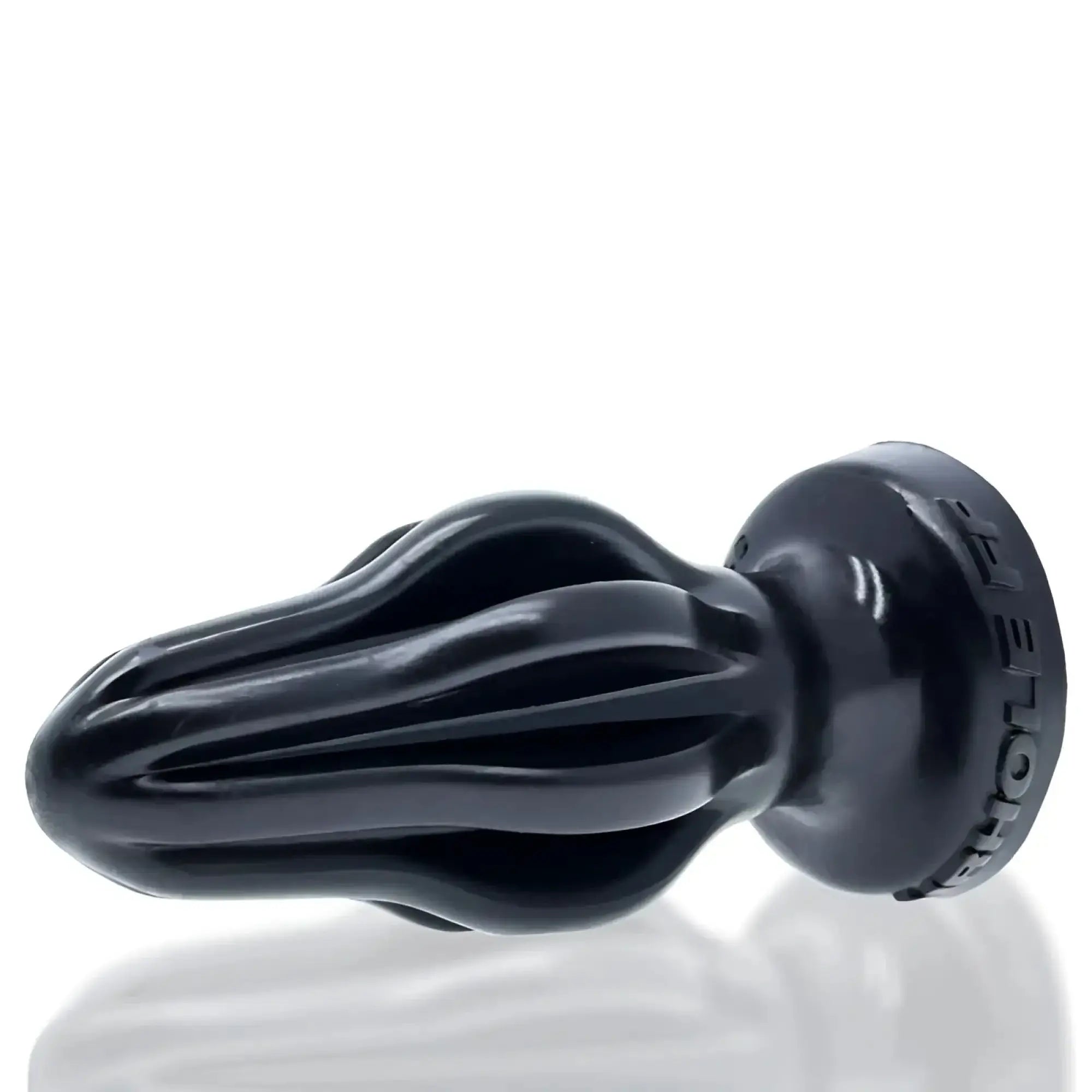 Black silicone oxballs airhole-2 finned anal plug shaped like a citrus juicer with embossed brand name on base