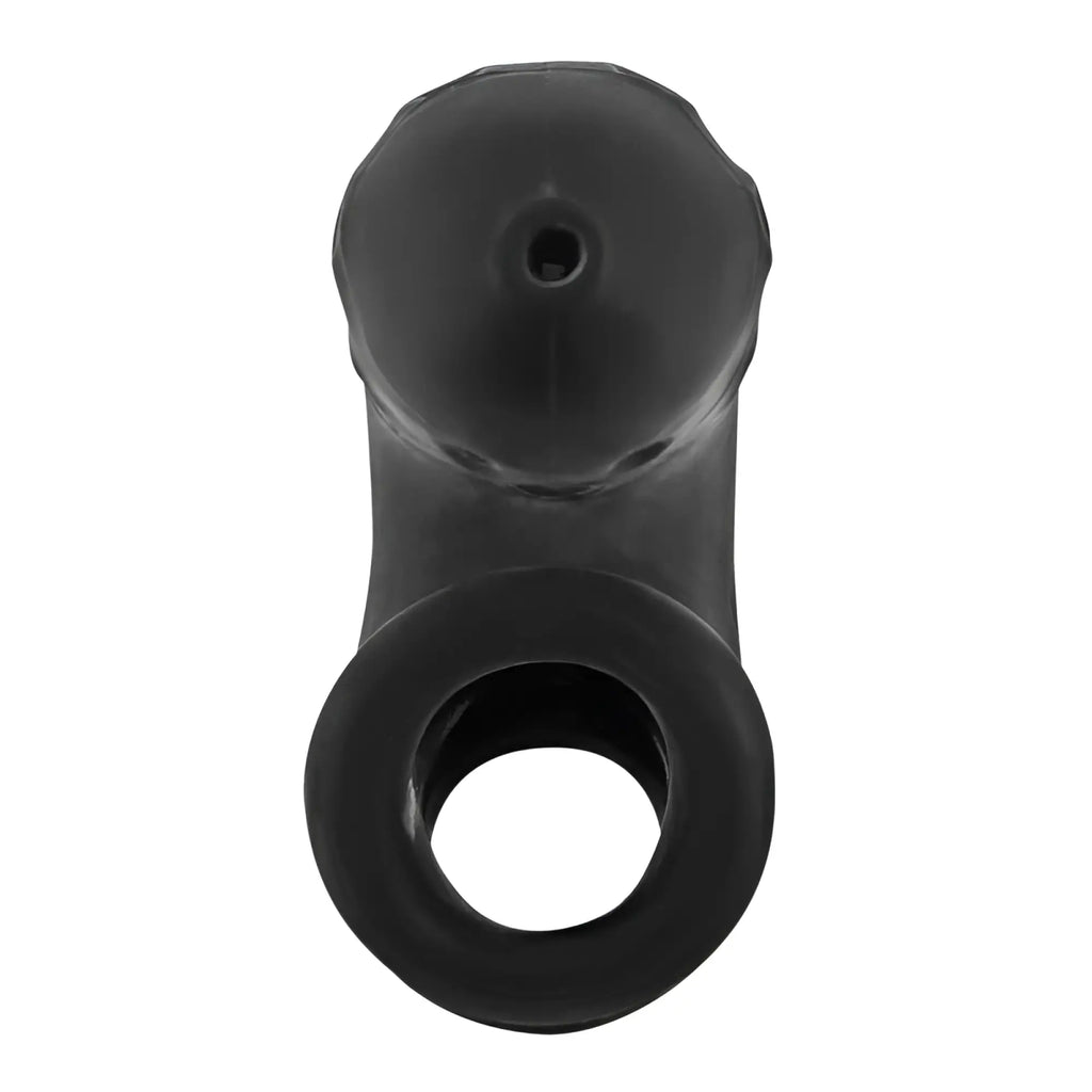 Black silicone cock ring with rounded textured top and circular base oxballs airlock air-lite vented chastity black ice