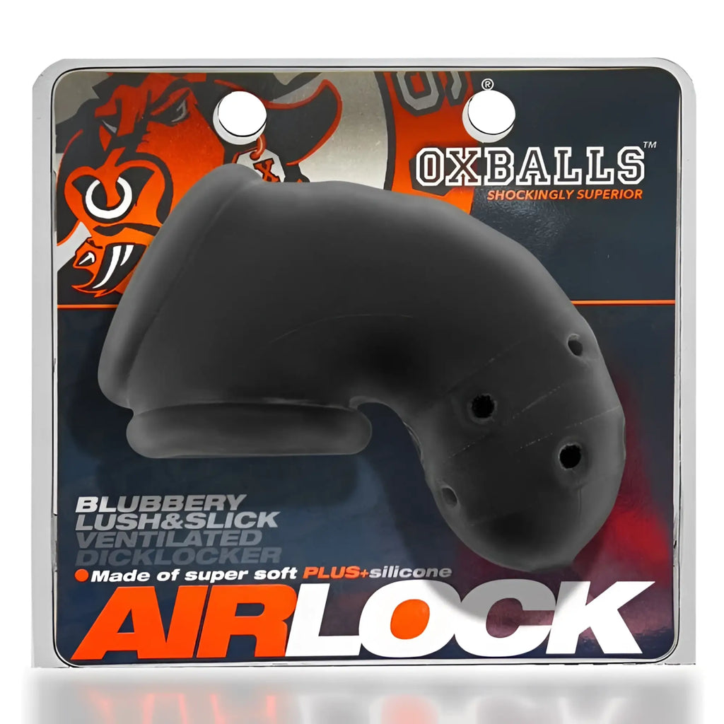 Black silicone airlock dicklocker with ventilation holes and ergonomic design from oxballs airlock air-lite vented black ice