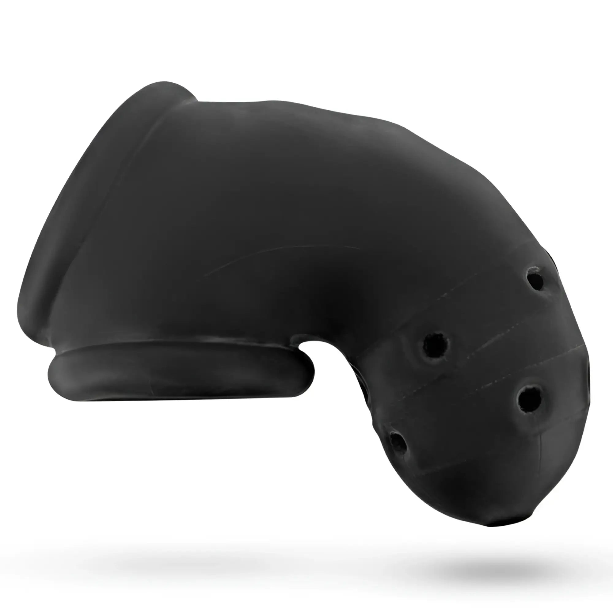 Black silicone urethral shield with four circular holes on the back of oxballs airlock air-lite vented chastity device