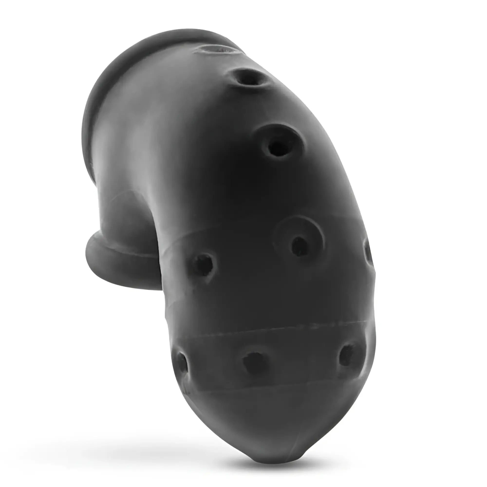 Black silicone urethral sound with circular holes along its curved body from oxballs airlock air-lite vented chastity