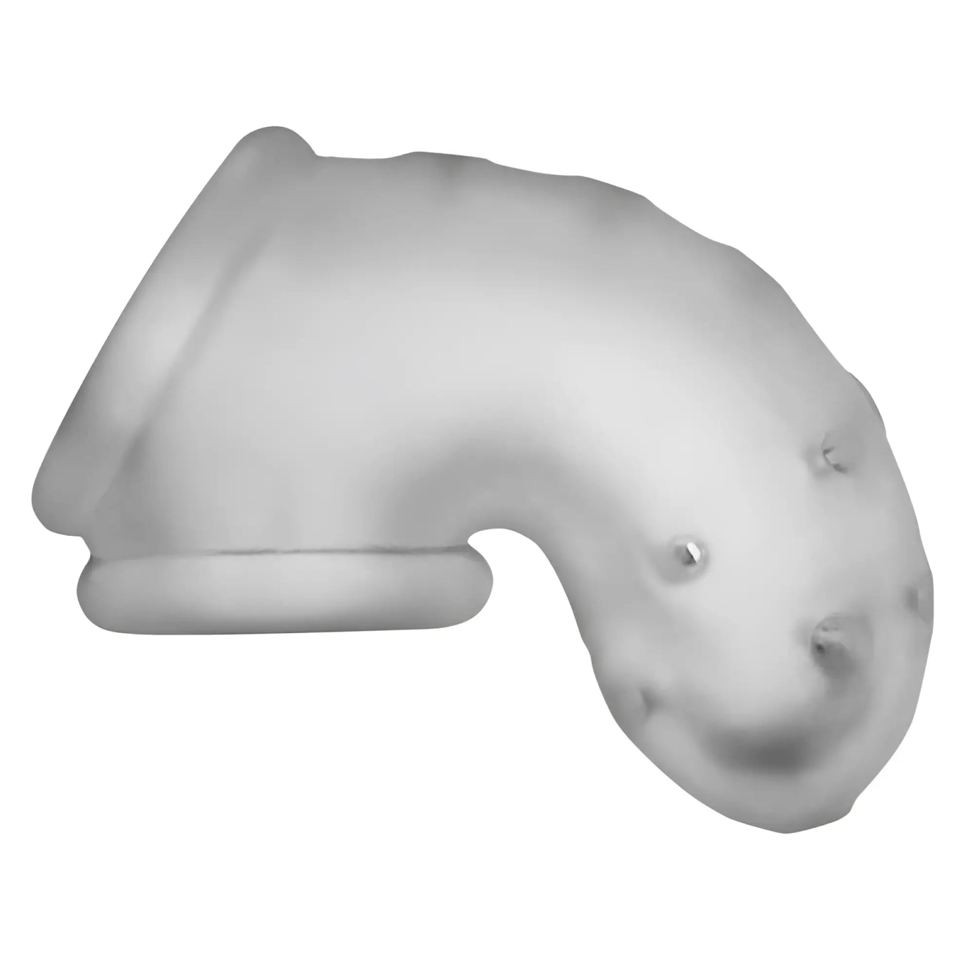 Clear translucent silicone u-shaped condom from oxballs airlock air-lite vented chastity clear ice product close-up