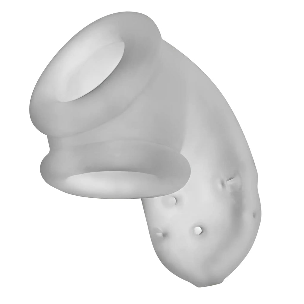 Transparent silicone urethral dilator with smooth curved design and multiple small holes on base for oxballs airlock chastity
