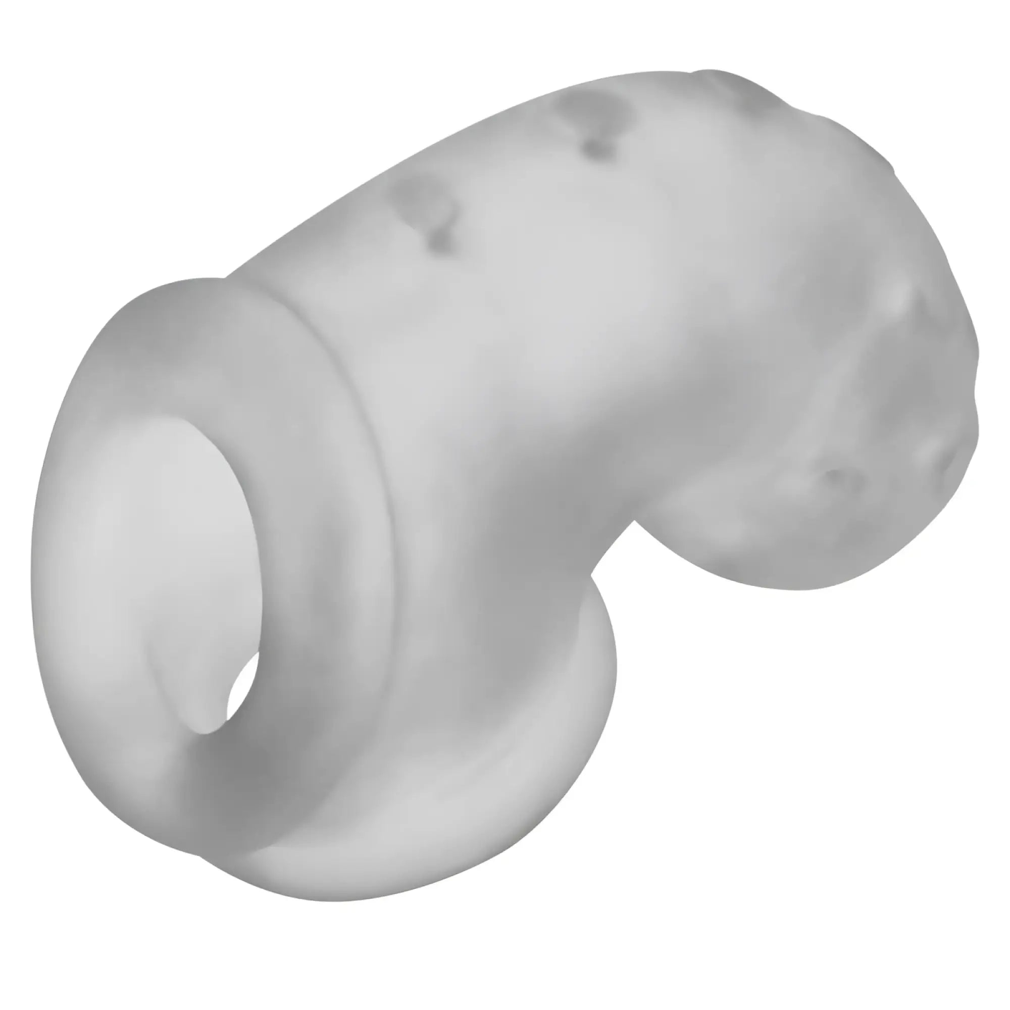 Transparent silicone urethral shield with smooth slightly textured surface and rounded contours from oxballs airlock air-lite vented chastity clear ice