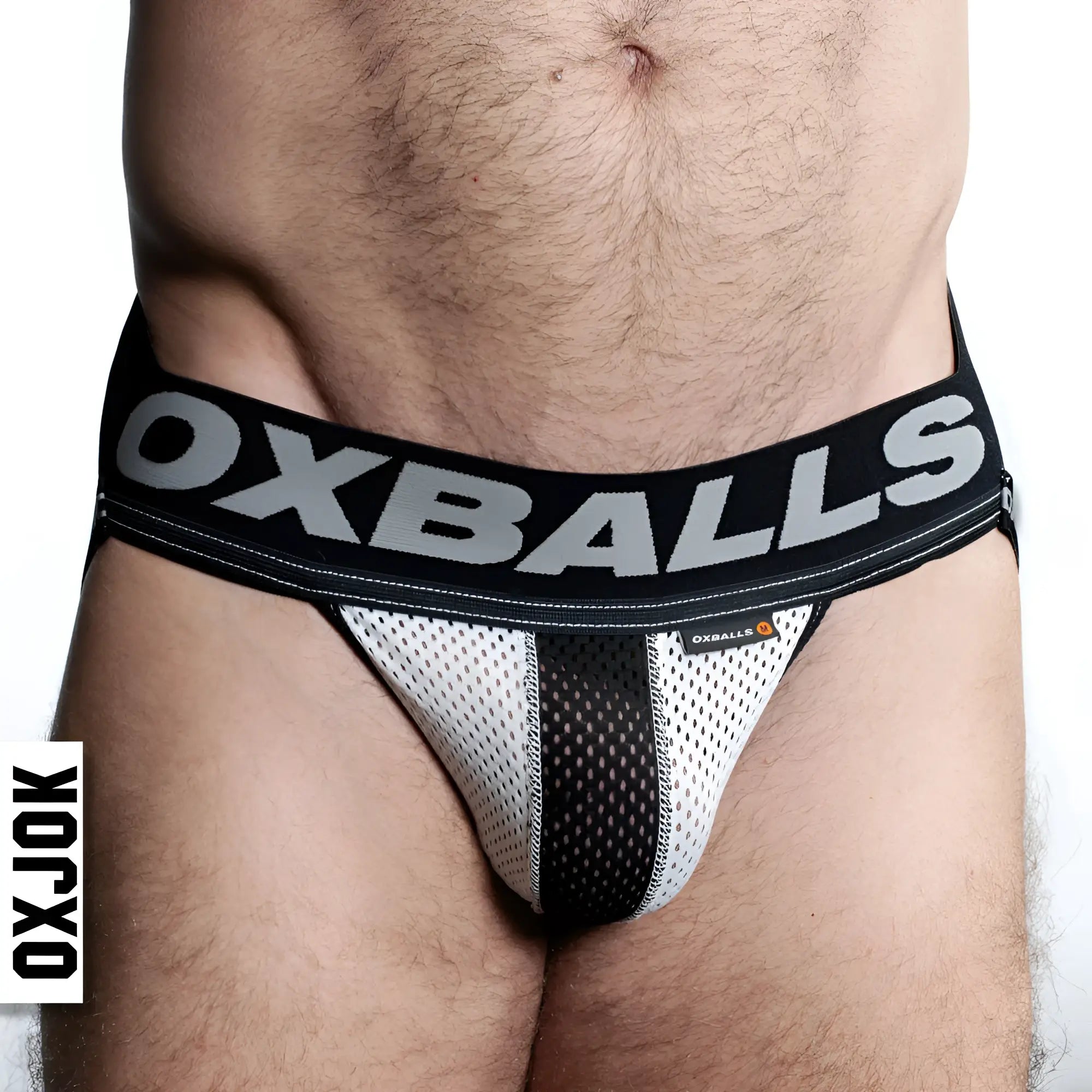 Black and white mesh oxballs airmesh swagger jockstrap with bold oxballs logo waistband in ice white l size