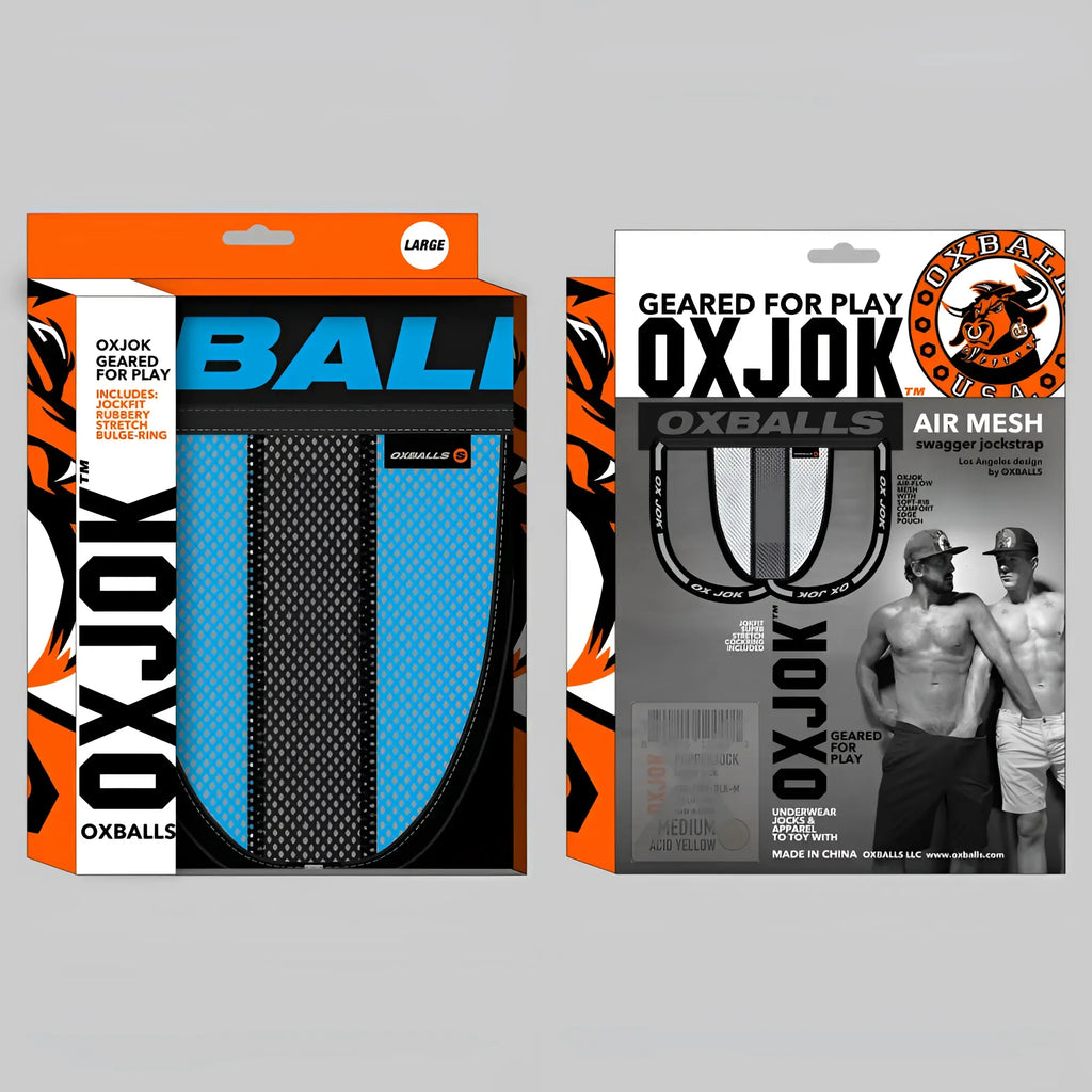 Blue and black air mesh swagger jockstrap by oxballs made from breathable fabric in sky blue xl size