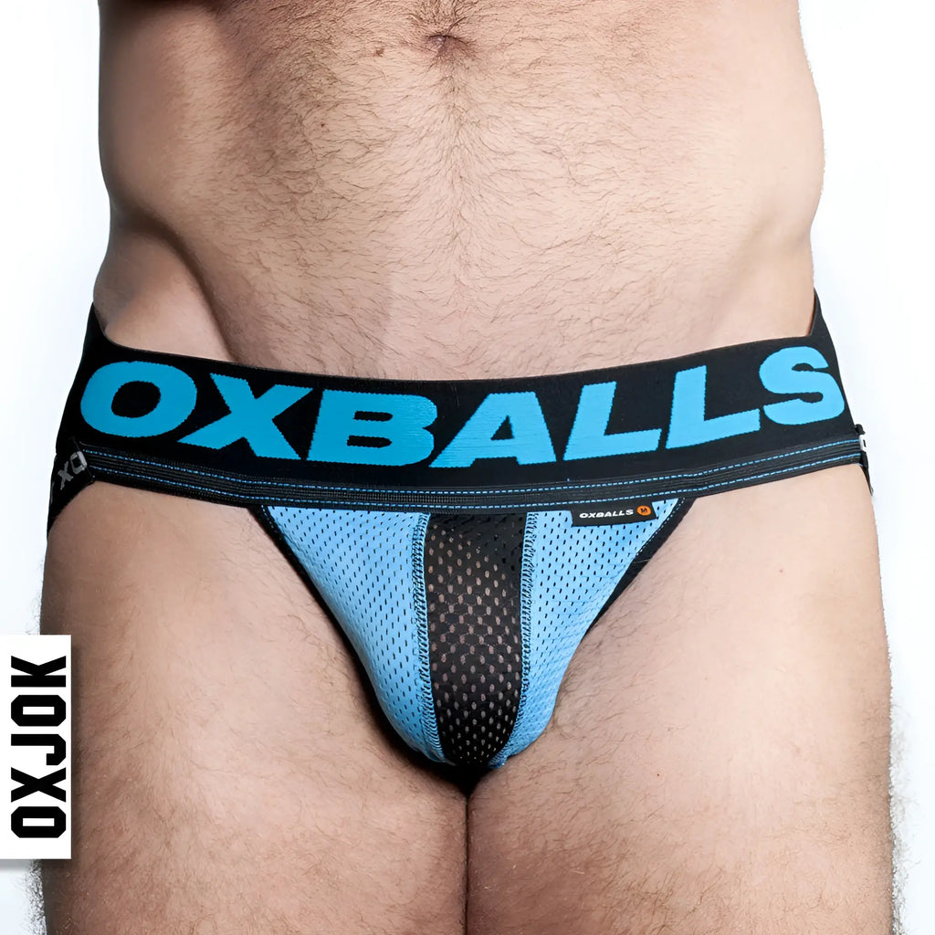 Oxballs airmesh swagger jockstrap in sky blue and black mesh briefs with bold oxballs logo waistband xl