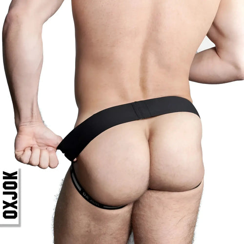 Black oxjok thong with wide elastic waistband and adjustable side straps in oxballs airmesh swagger jockstrap tar black m