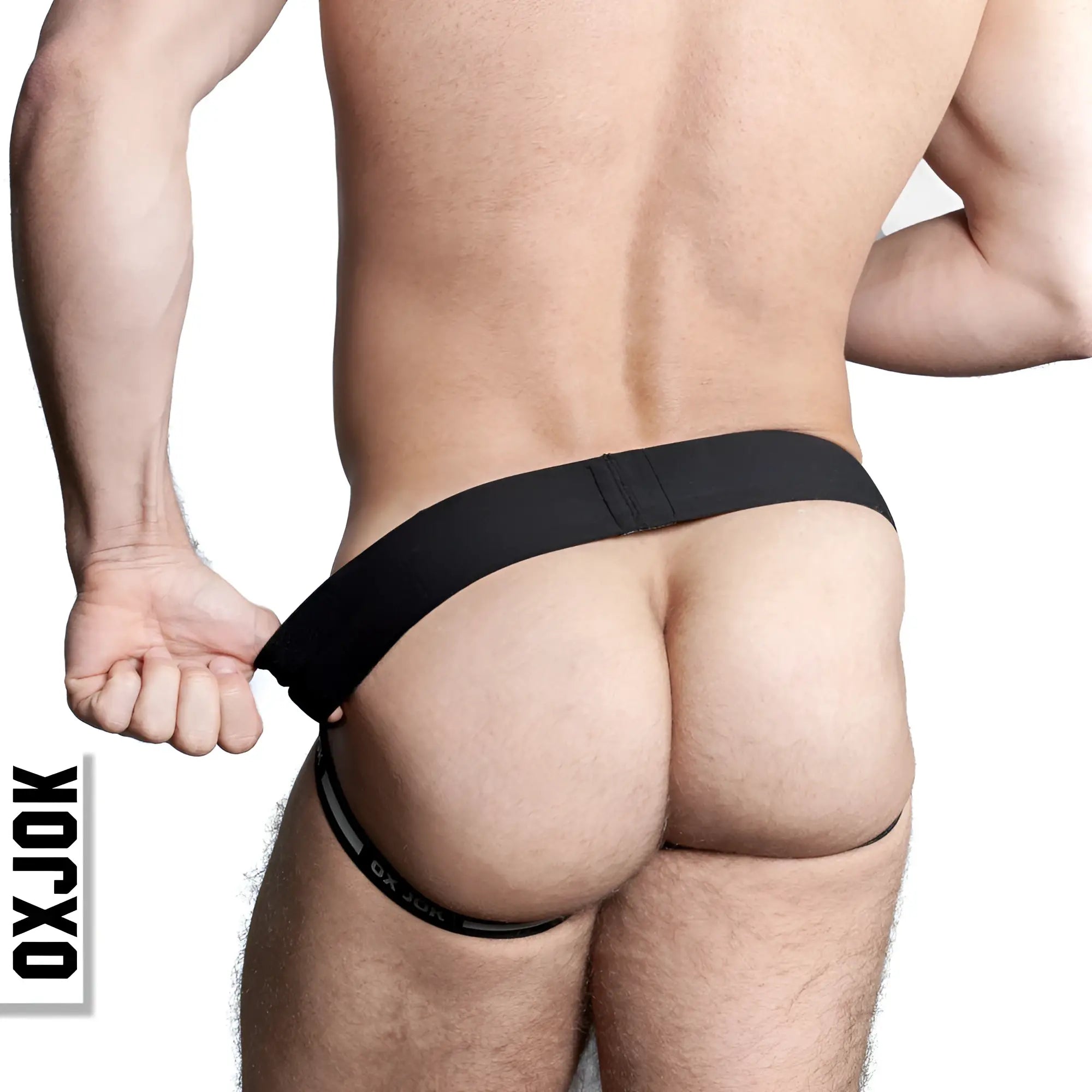Black oxjok thong with wide elastic waistband and adjustable side straps in oxballs airmesh swagger jockstrap tar black m