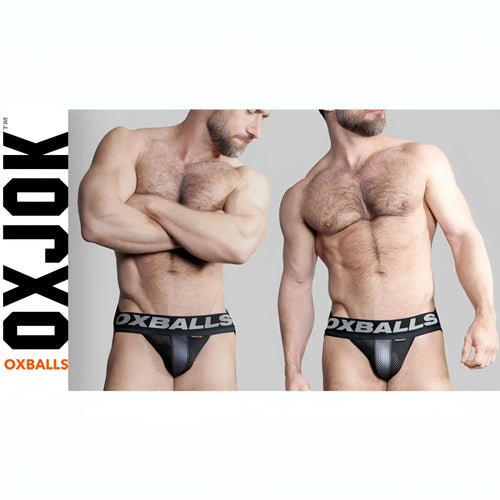 Black Oxballs Airmesh Swagger jockstrap briefs with mesh textured front panel in tar color size XL
