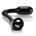 Black glossy silicone anal plug oxballs ass x asslock with curved handle and circular ring base shown from back side