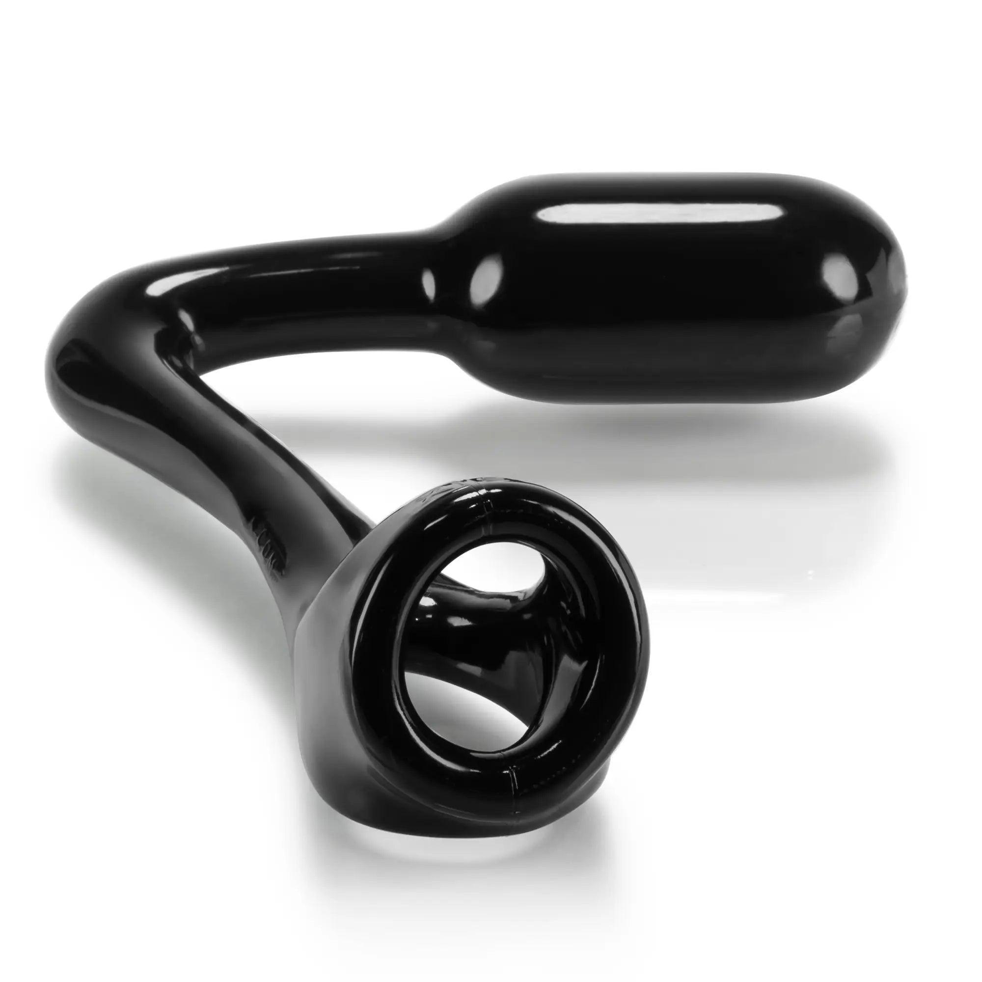 Black glossy silicone anal plug oxballs ass x asslock with curved handle and circular ring base shown from back side