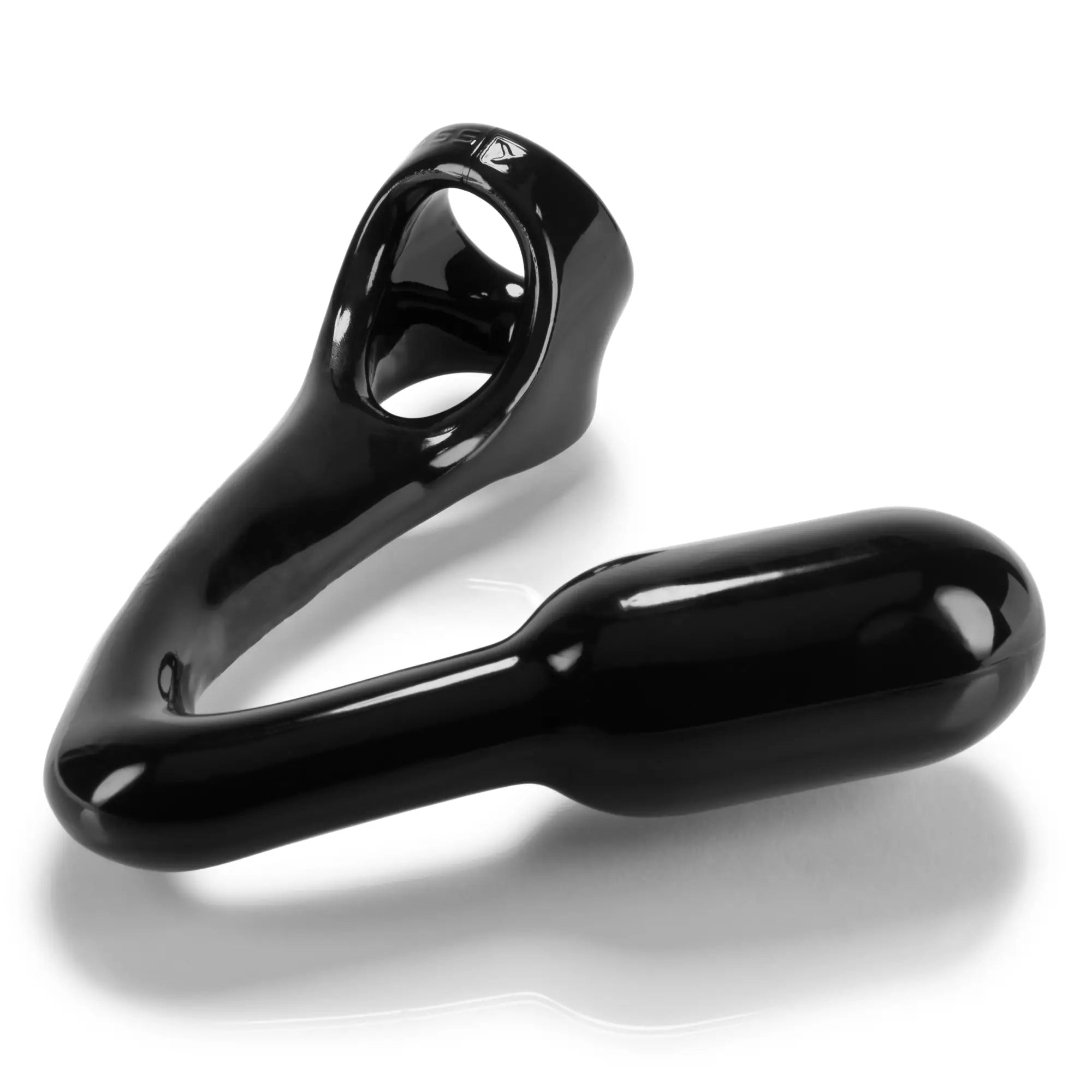 Black glossy silicone oxballs ass x asslock cock ring with smooth ergonomic design and integrated secure attachment loop