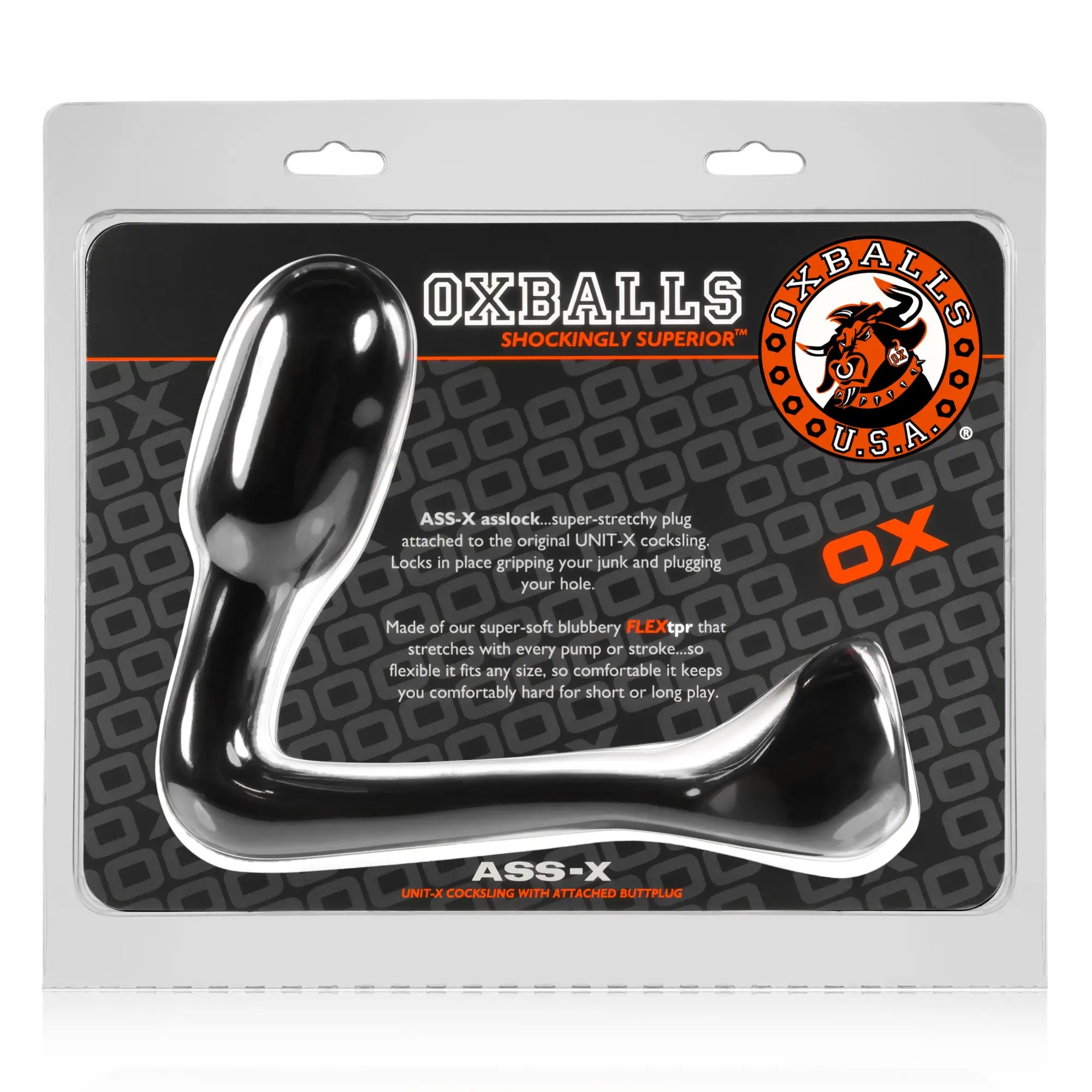 Black and silver oxballs ass x asslock cockring with attached butt plug made of super soft blubbery flexptr material