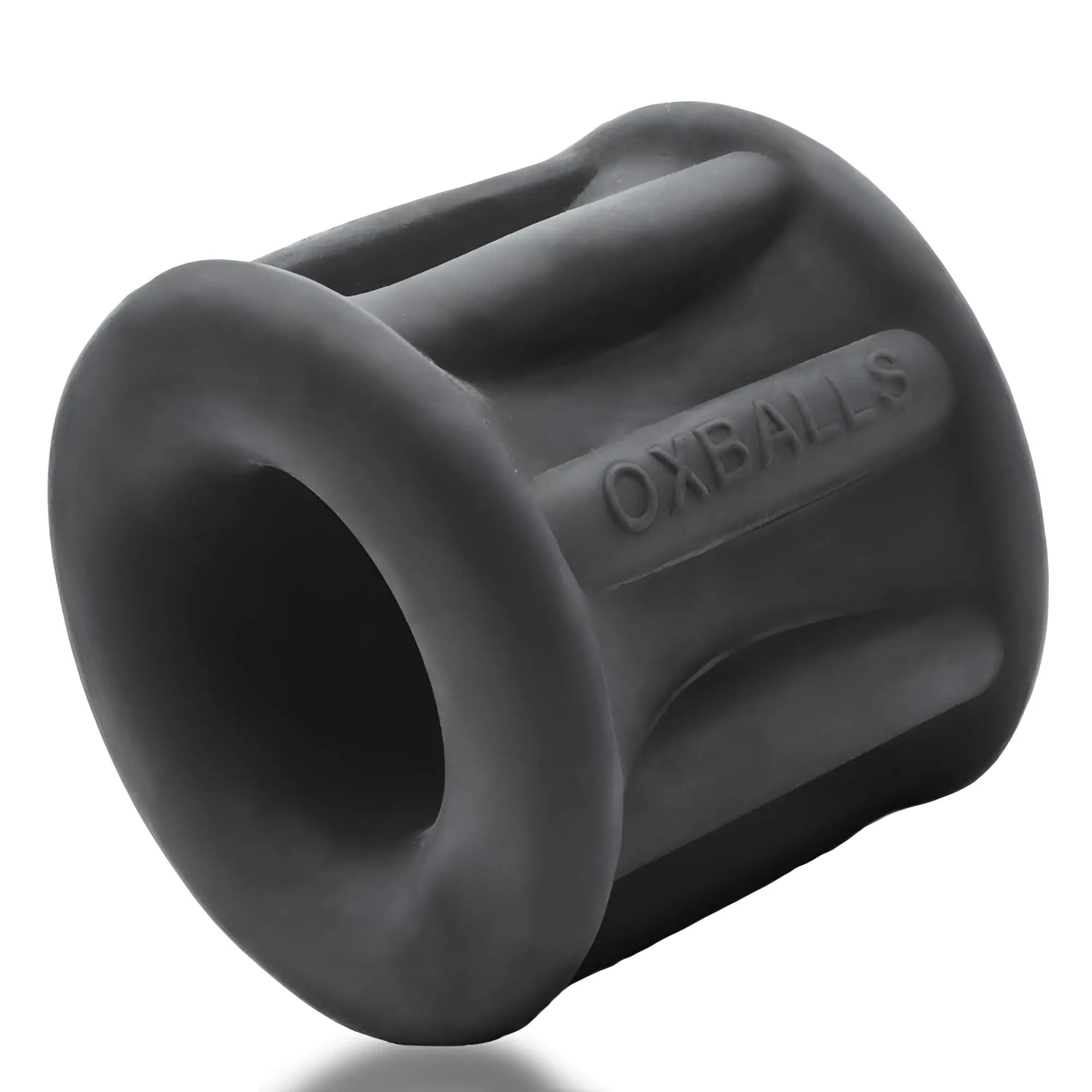 Black silicone anal dilator with embossed oxballs branding from baller centre squeeze ball stretcher night product