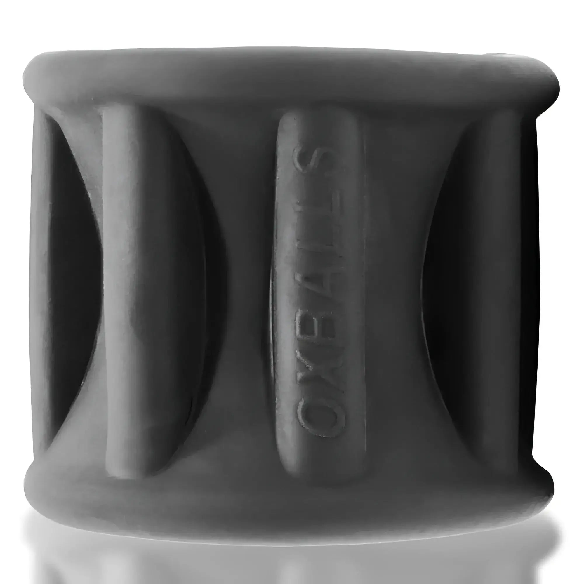 Dark gray silicone oxballs baller centre squeeze ball stretcher with embossed branding and segmented ribbed design