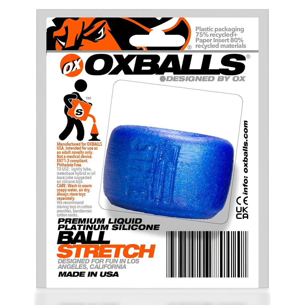 Blue premium liquid silicone ball stretcher by oxballs for comfortable scrotum stretching in blue