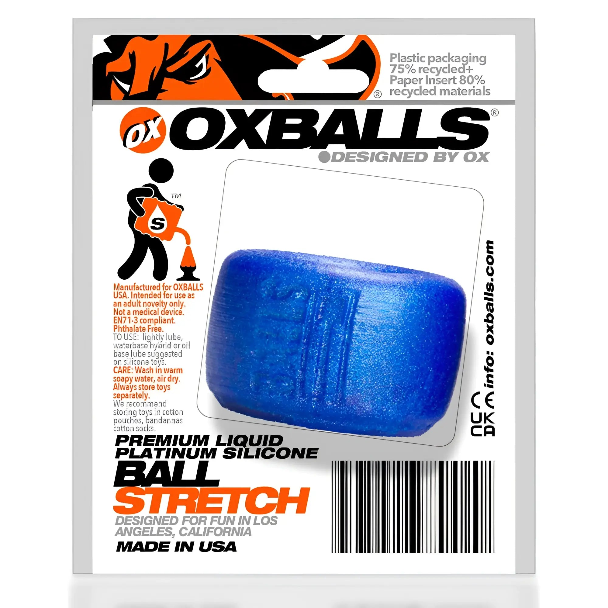 Blue premium liquid silicone ball stretcher by oxballs for comfortable scrotum stretching in blue