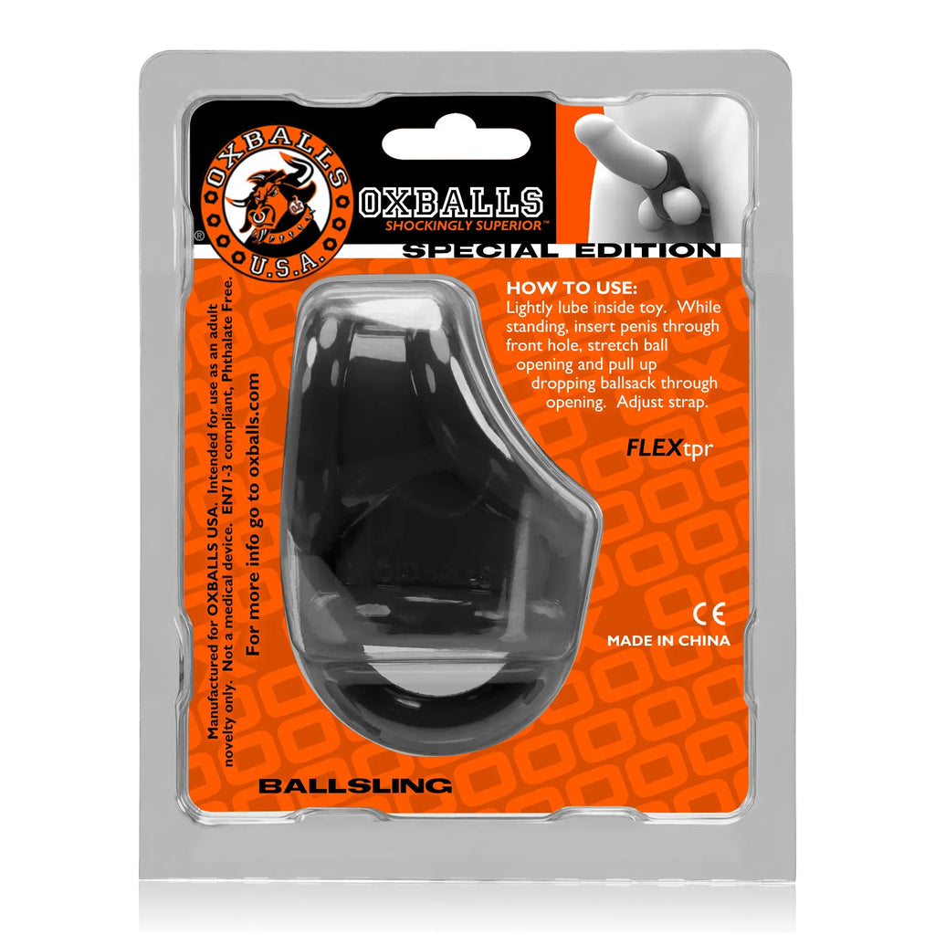 Black oxballs ballsling ball split sling in clear plastic packaging made of flextpr for secure support