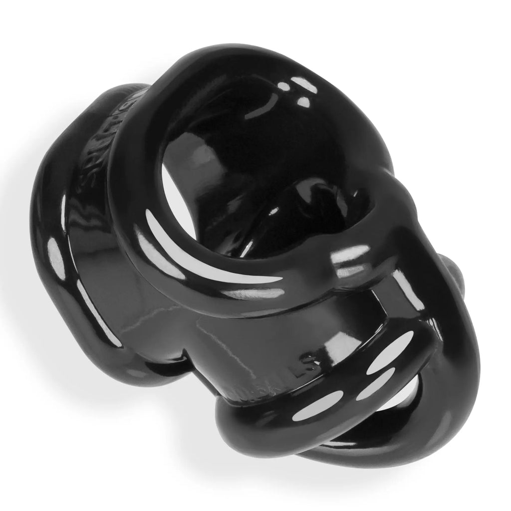 Black oxballs ballsling ball split sling made of glossy plastic chastity cage with smooth curved design and circular openings