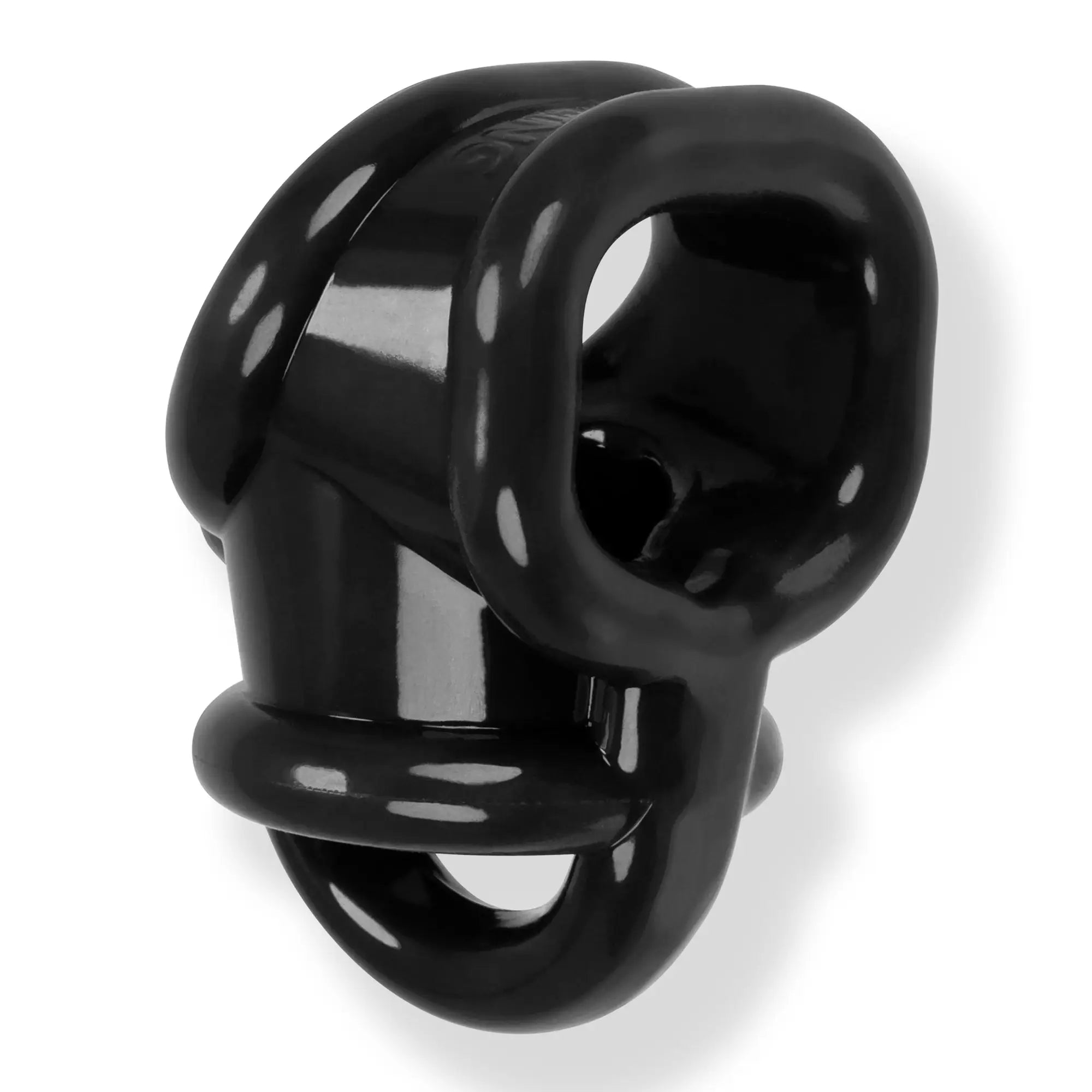 Black glossy plastic OxBalls Ballsling ball split sling with smooth rounded design and multiple circular openings