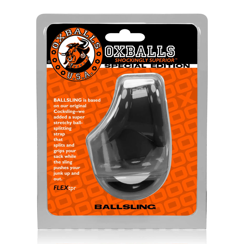 Oxballs ballsling ball split sling black translucent plastic with super stretchy strap in orange and black special edition pack
