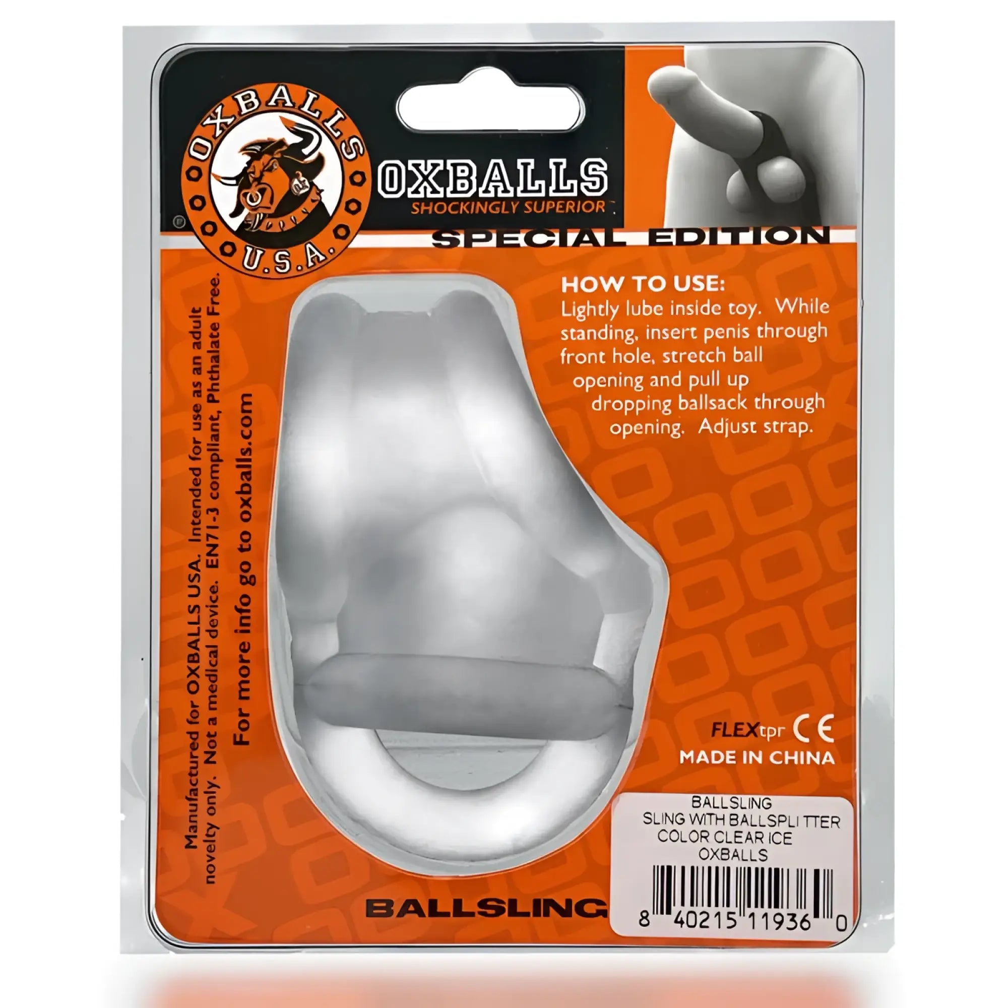 OxBalls Ballsling ball split sling in clear ice silicone with gray strap special edition one size
