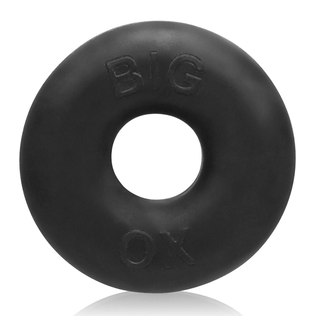 Black rubber cockring with big ok embossed on surface from oxballs big ox cockring black ice collection