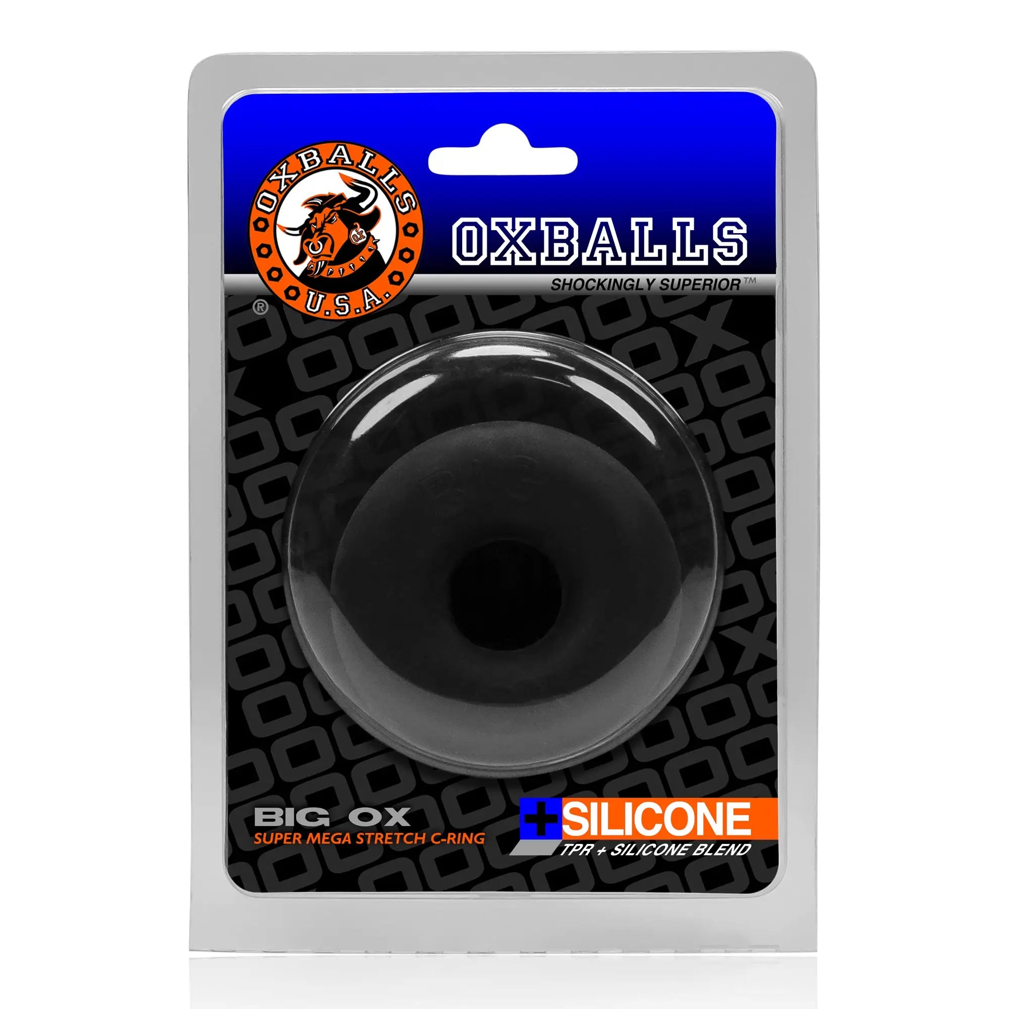 Black silicone c-ring with glossy finish branded oxballs big ox for enhancing performance and comfort