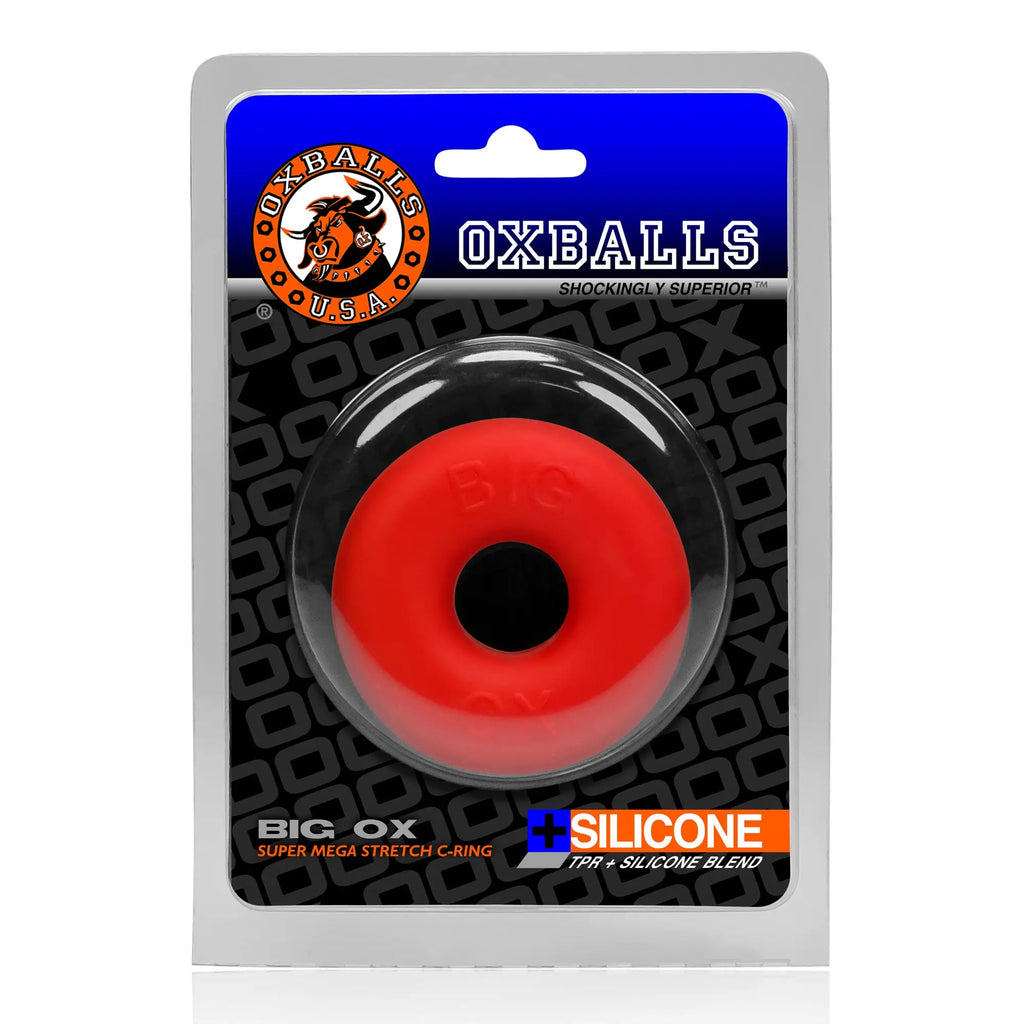 Red silicone cockring with black center branded as OxBalls Big Ox designed for enhanced pleasure and comfort