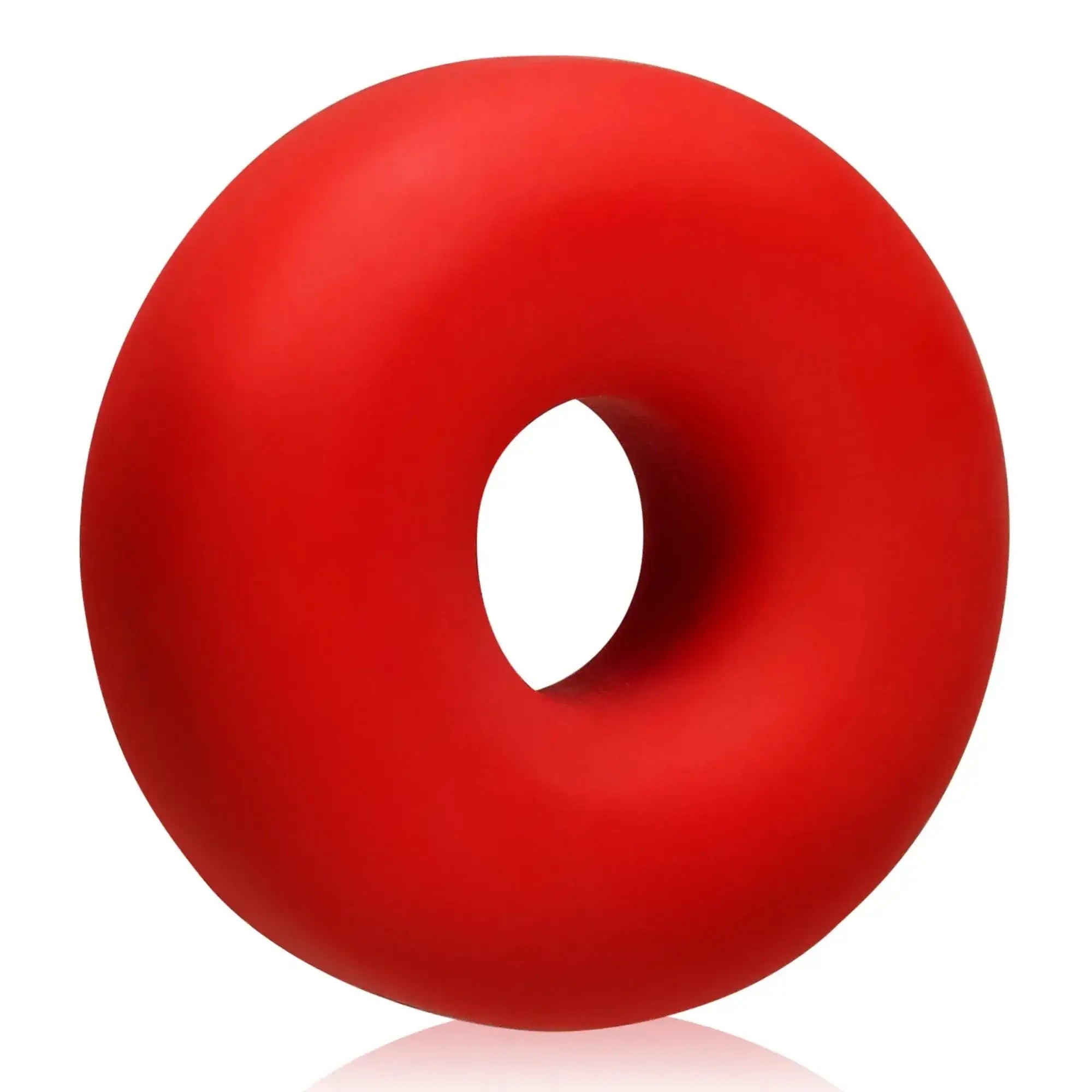 A vibrant red smooth silicone donut-shaped cockring from oxballs big ox red ice collection