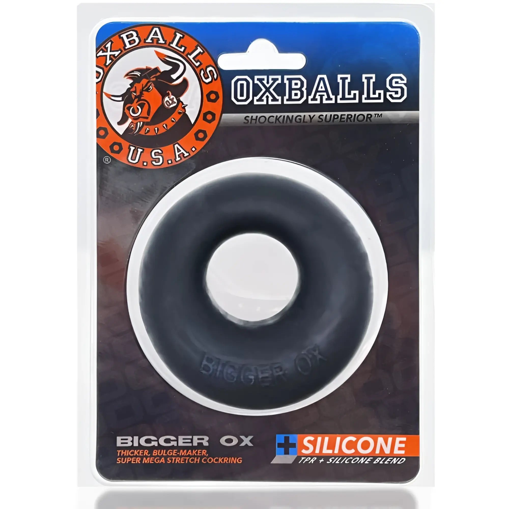 Black silicone cockring with white inner ring made from tpr and silicone blend branded oxballs bigger ox