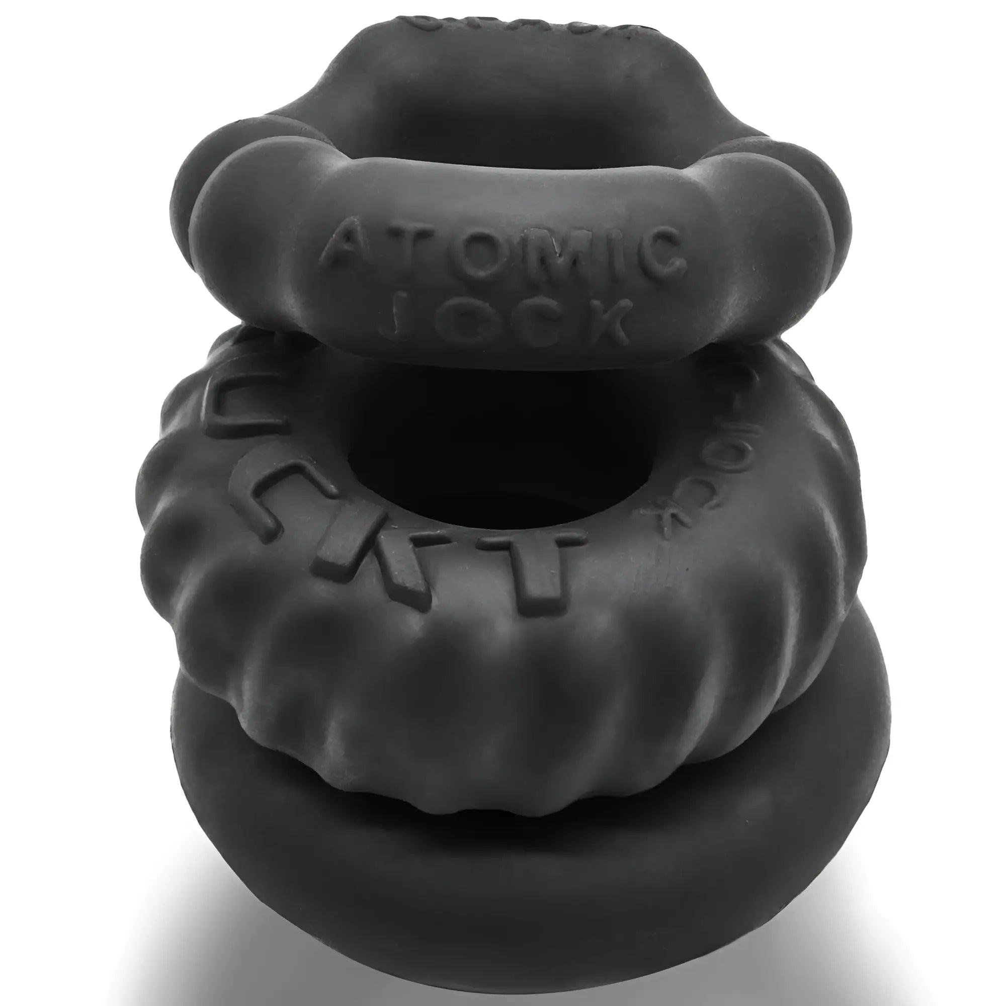 Black silicone atomic lock ring set with textured layered design from oxballs bone maker 3-pack boner cock ring night