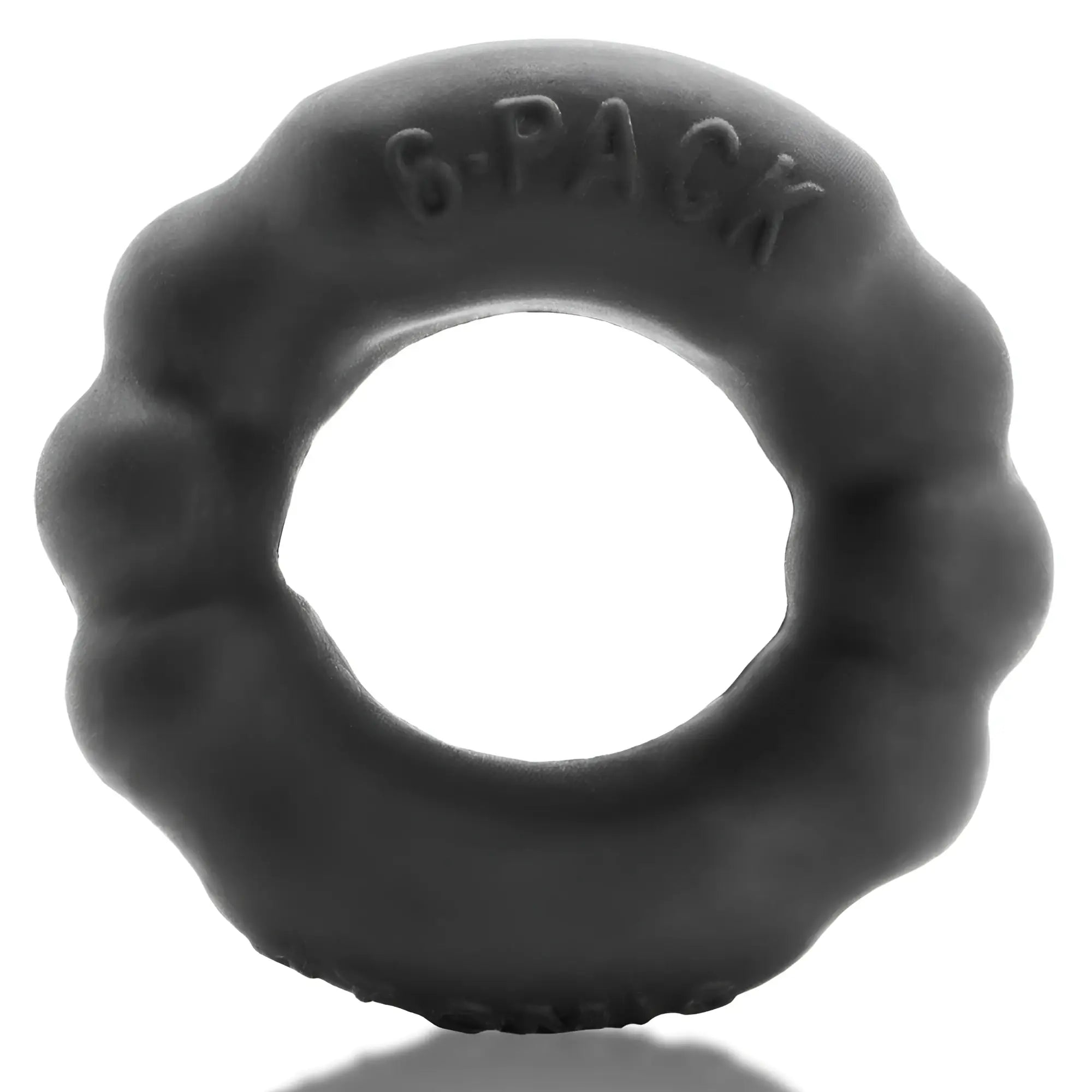 Black silicone oxballs bone maker 3-pack boner cock ring with textured scalloped edge and embossed 6-pack text