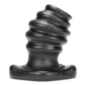 Black ribbed silicone anal plug with flared base and textured surface oxballs butthole-2 hollow plug medium black