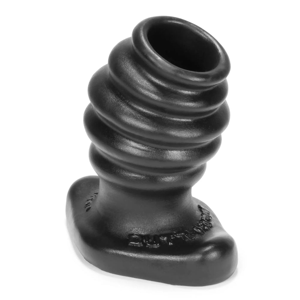Black ribbed silicone OxBalls butthole 2 hollow plug medium with flared base and embossed branding visible