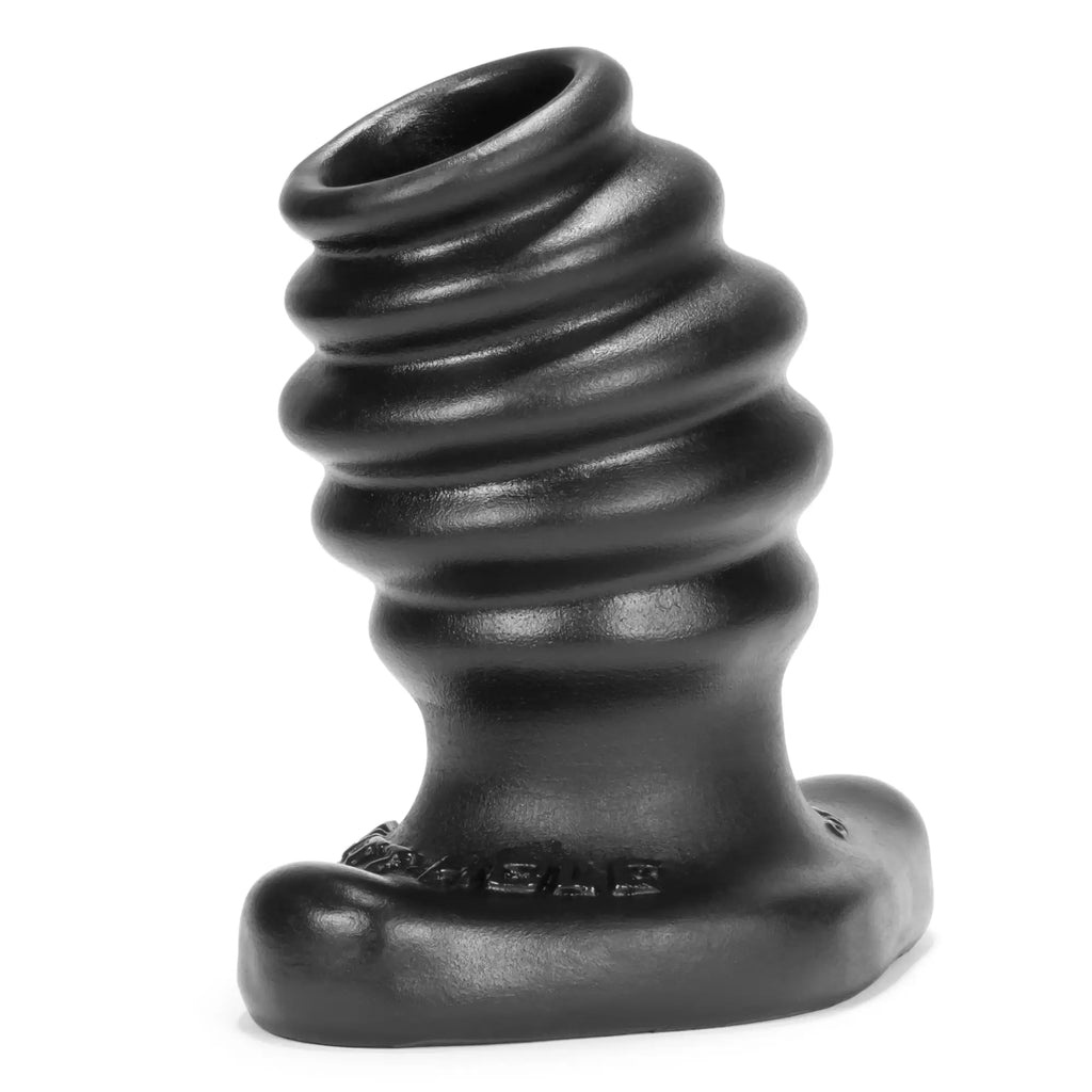 Black silicone anal plug with spiral design and textured base shown from back side medium oxballs butthole-2 hollow plug