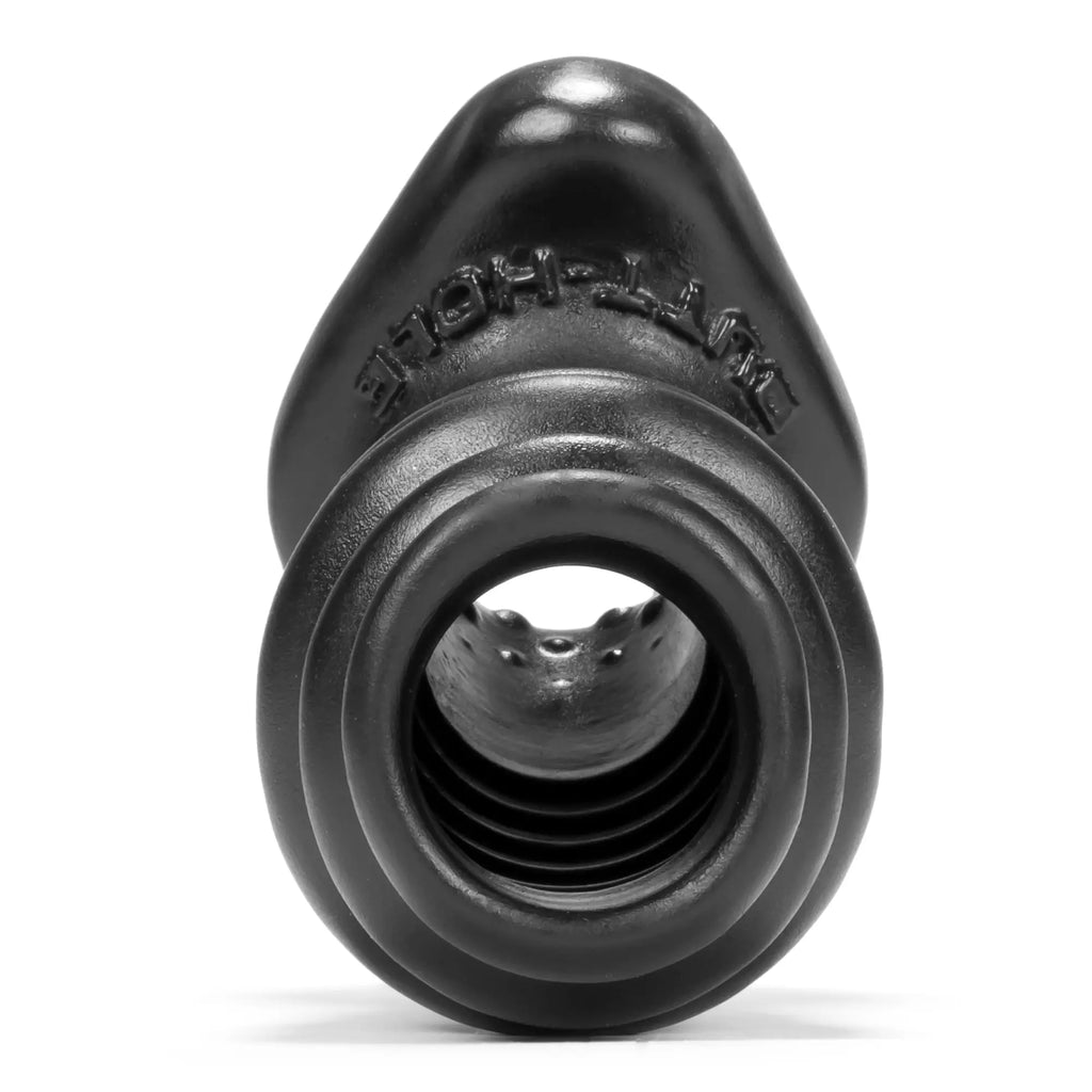 Black silicone oxballs butthole-2 hollow plug medium with textured grip and threaded interior for prostate stimulation