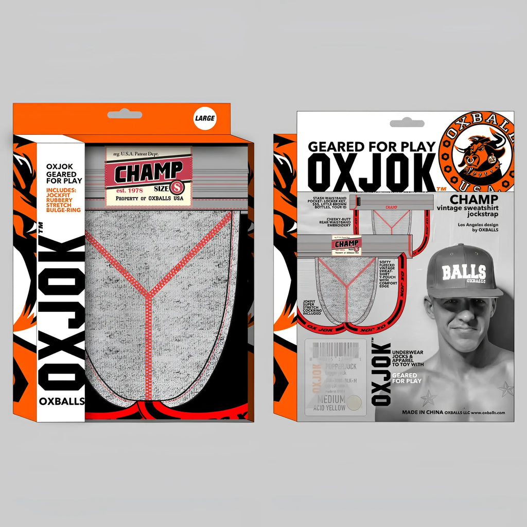 Gray heather oxballs champ vintage jockstrap with red stitching and rubberized bulge-ring for comfortable support