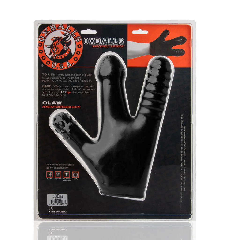 Black flexible silicone claw penetrator glove from oxballs u.s.a showing the back side of the claw glove