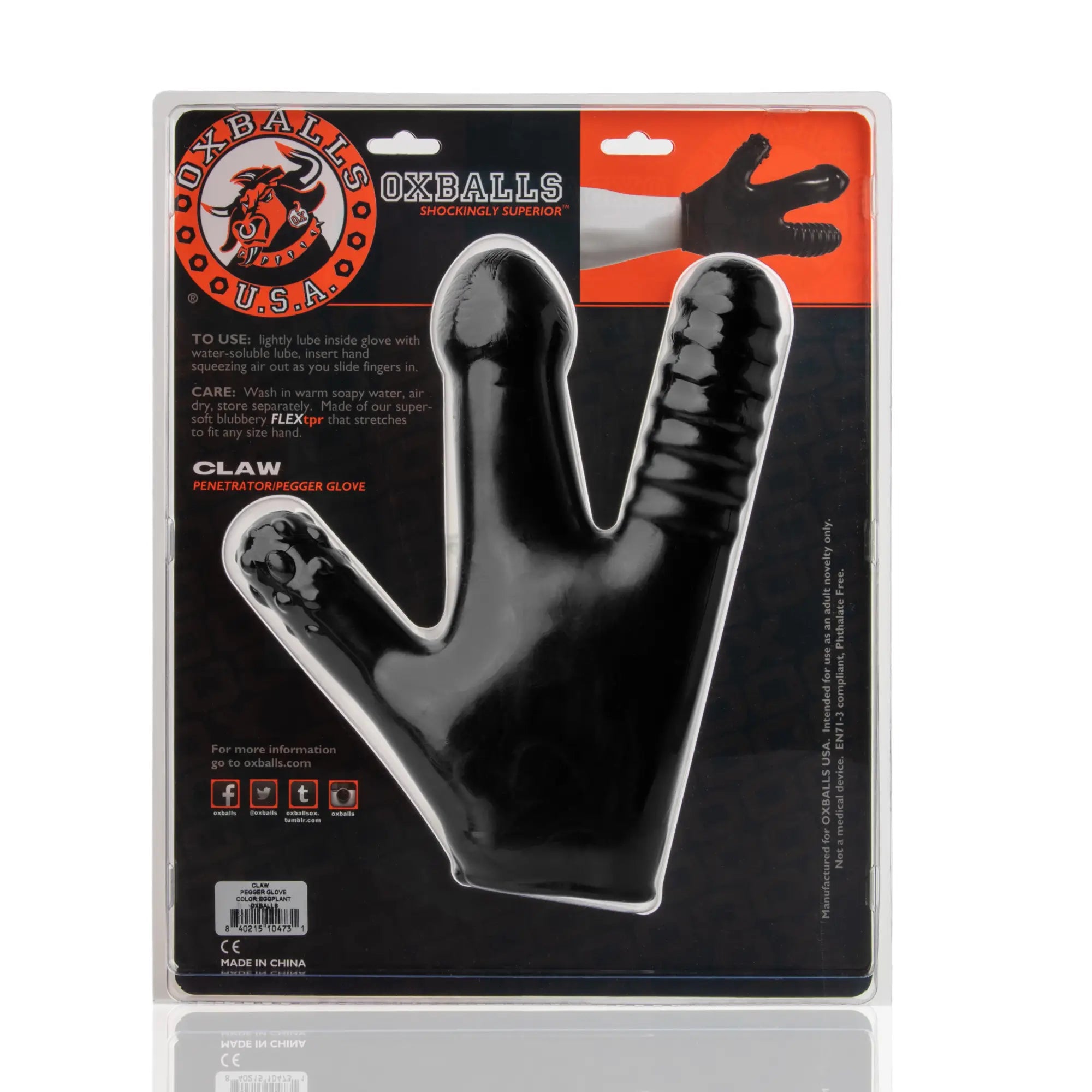 Black flexible silicone claw penetrator glove from oxballs u.s.a showing the back side of the claw glove