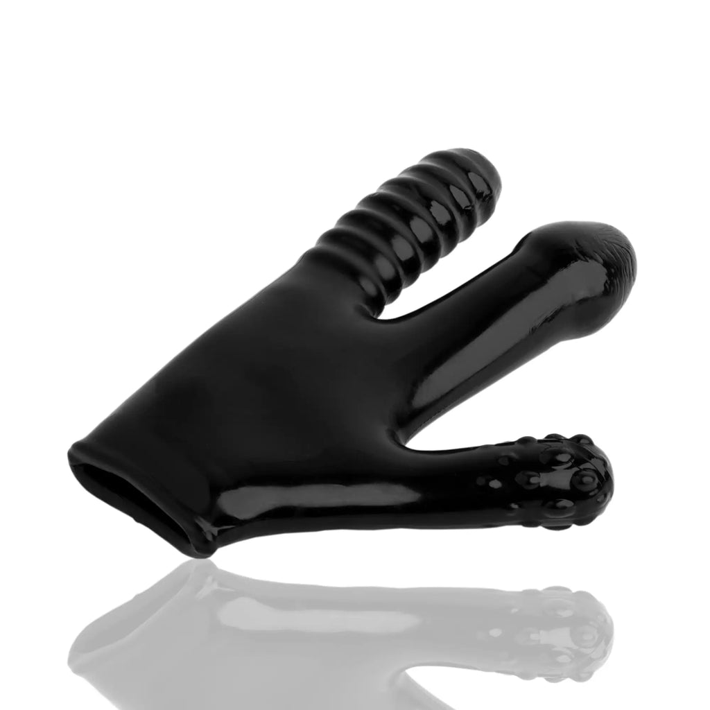 Black glossy silicone OxBalls claw glove with textured ridges on thumb and claw-like fingers visible from back side