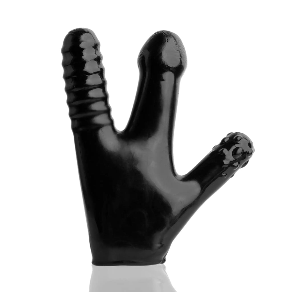 Black glossy silicone OxBalls Claw Glove with textured ridges on the index finger and patterned thumb tip shown from the back