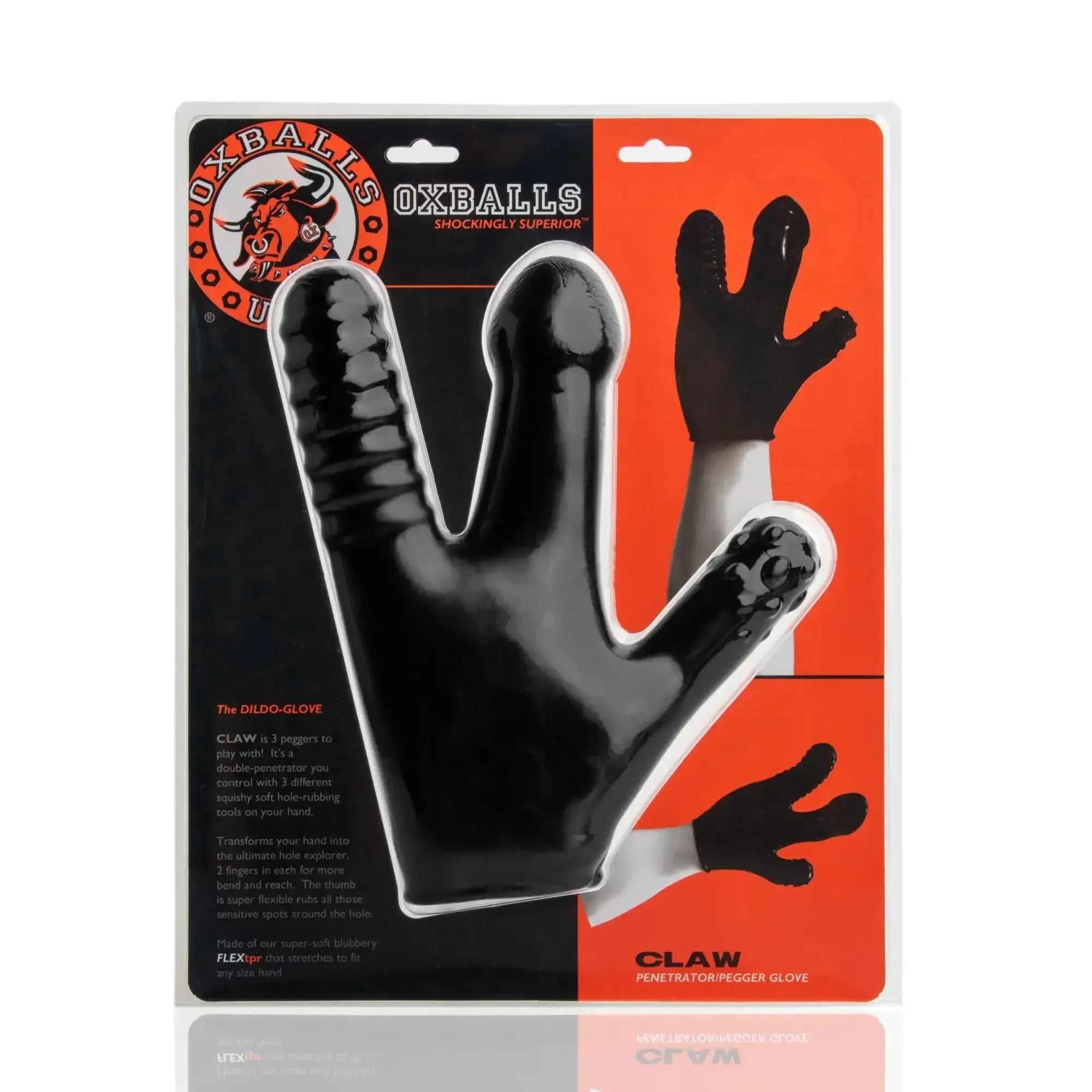 Black silicone oxballs claw glove with three finger-like protrusions and textured grip on thumb shown from back side