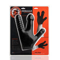 Black silicone oxballs claw glove with three finger-like protrusions and textured grip on thumb shown from back side