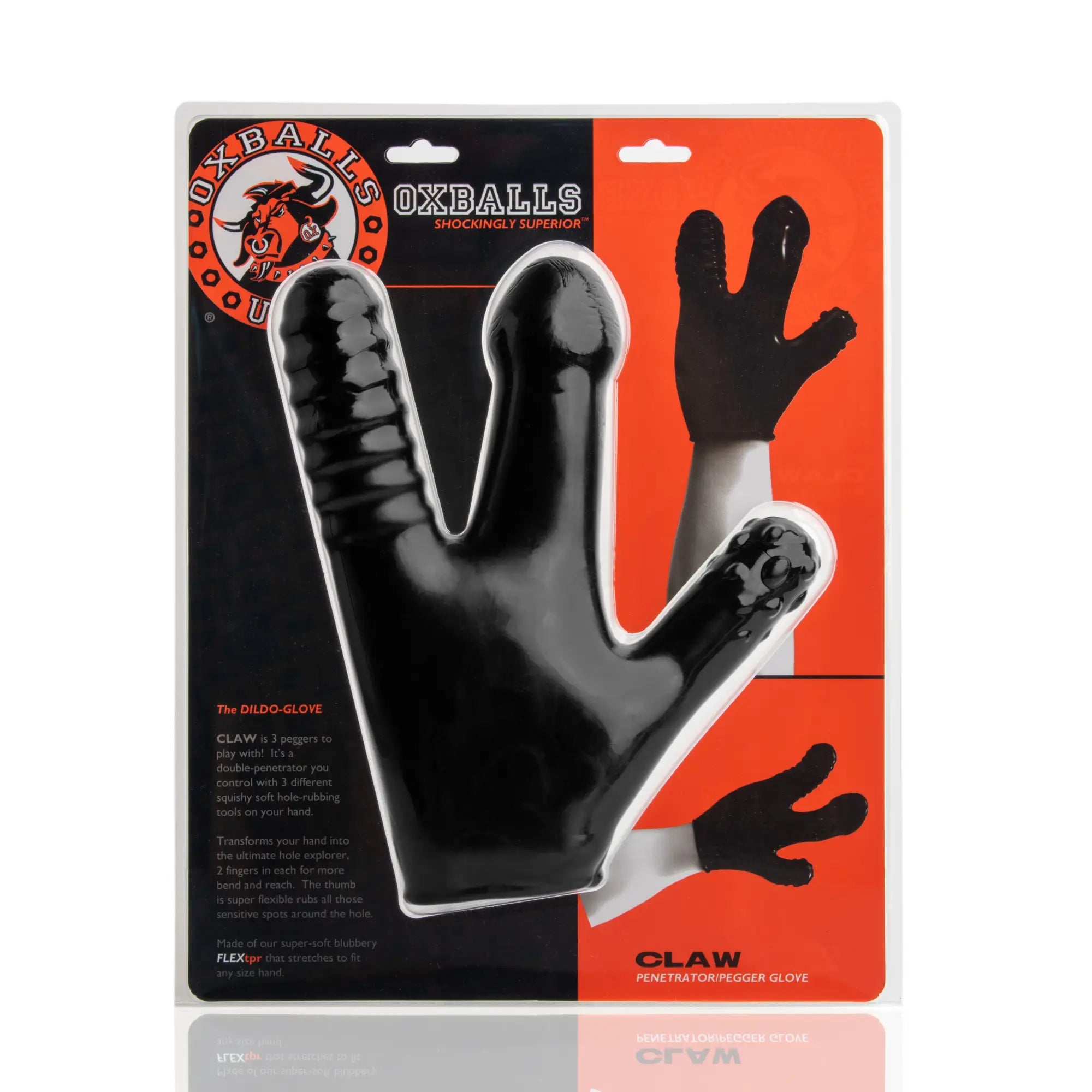 Black silicone oxballs claw glove with three finger-like protrusions and textured grip on thumb shown from back side