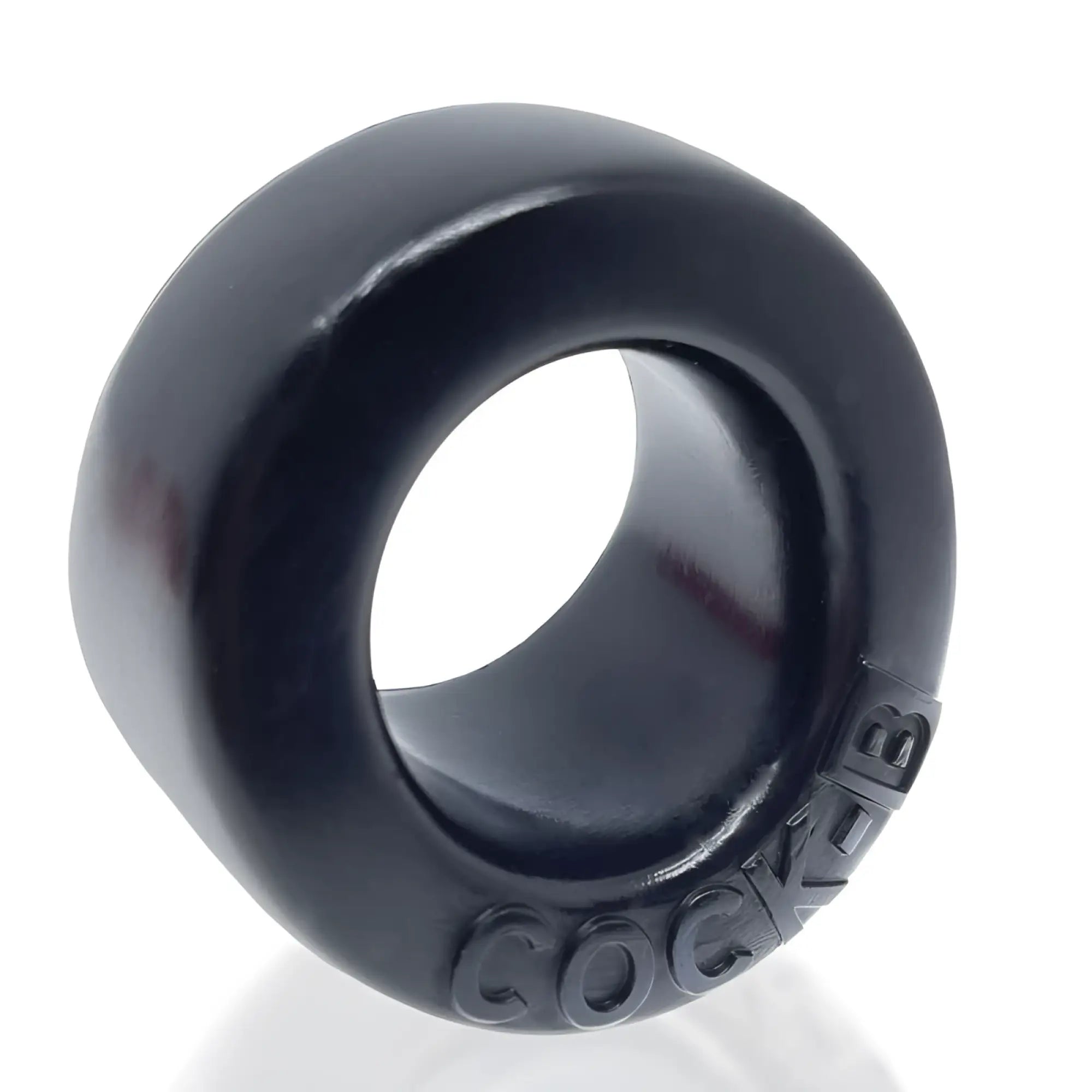 Black oxballs cock b bulge cockring made of smooth glossy silicone with bold embossed brand logo