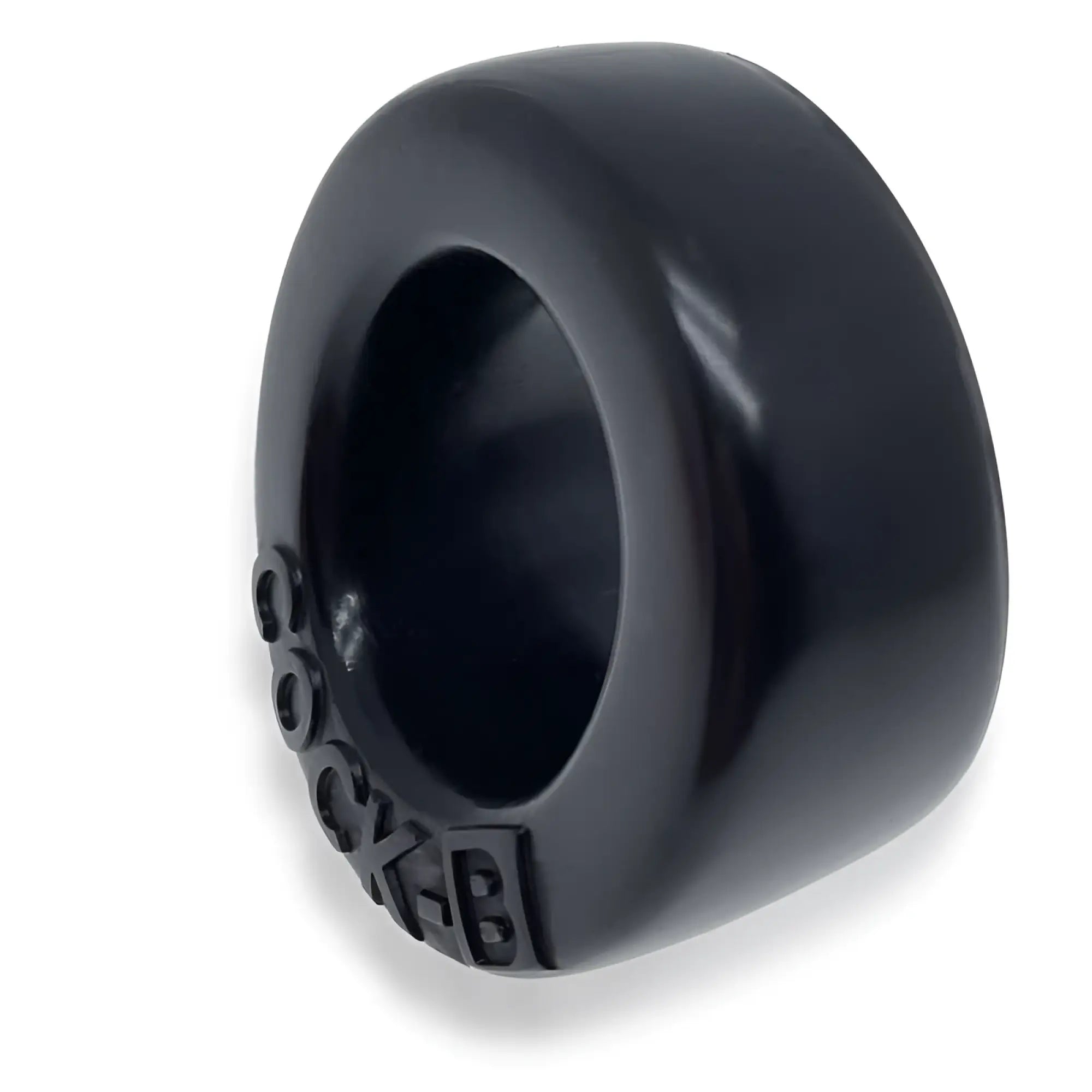 Black glossy silicone cock ring with embossed branding oxballs cock b bulge cockring black front view